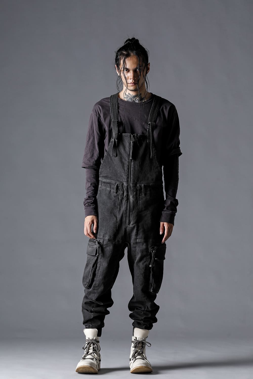 Hyper Stretch Cotton Denim Cargo Overalls  Dusty White