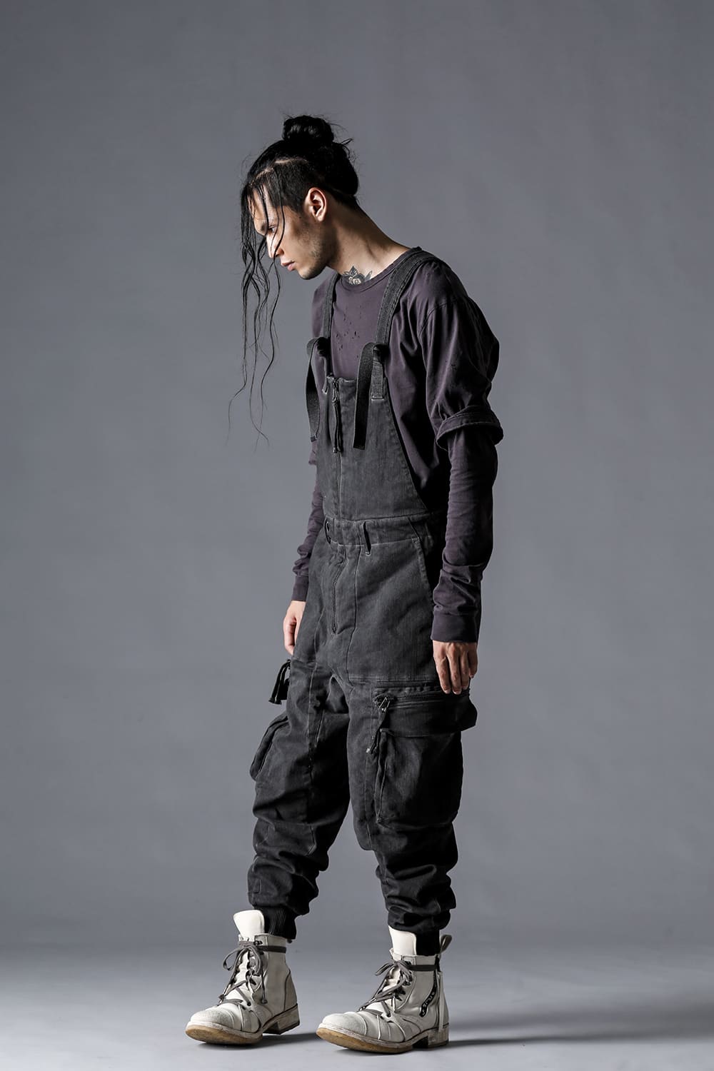 Hyper Stretch Cotton Denim Cargo Overalls  Dusty White