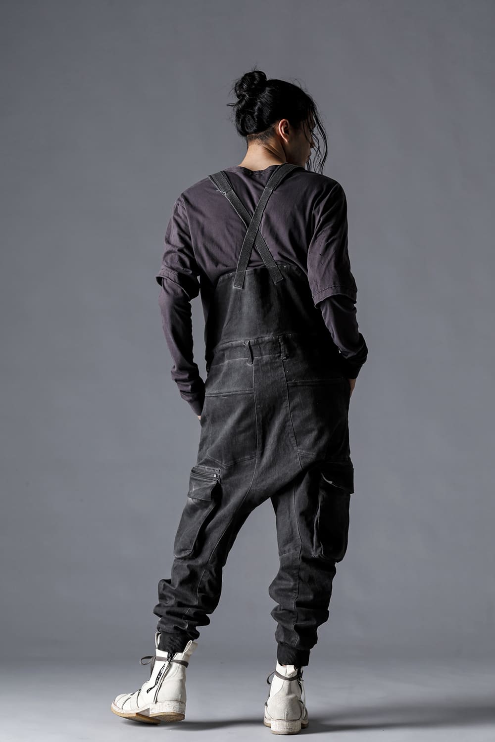 Hyper Stretch Cotton Denim Cargo Overalls  Dusty White