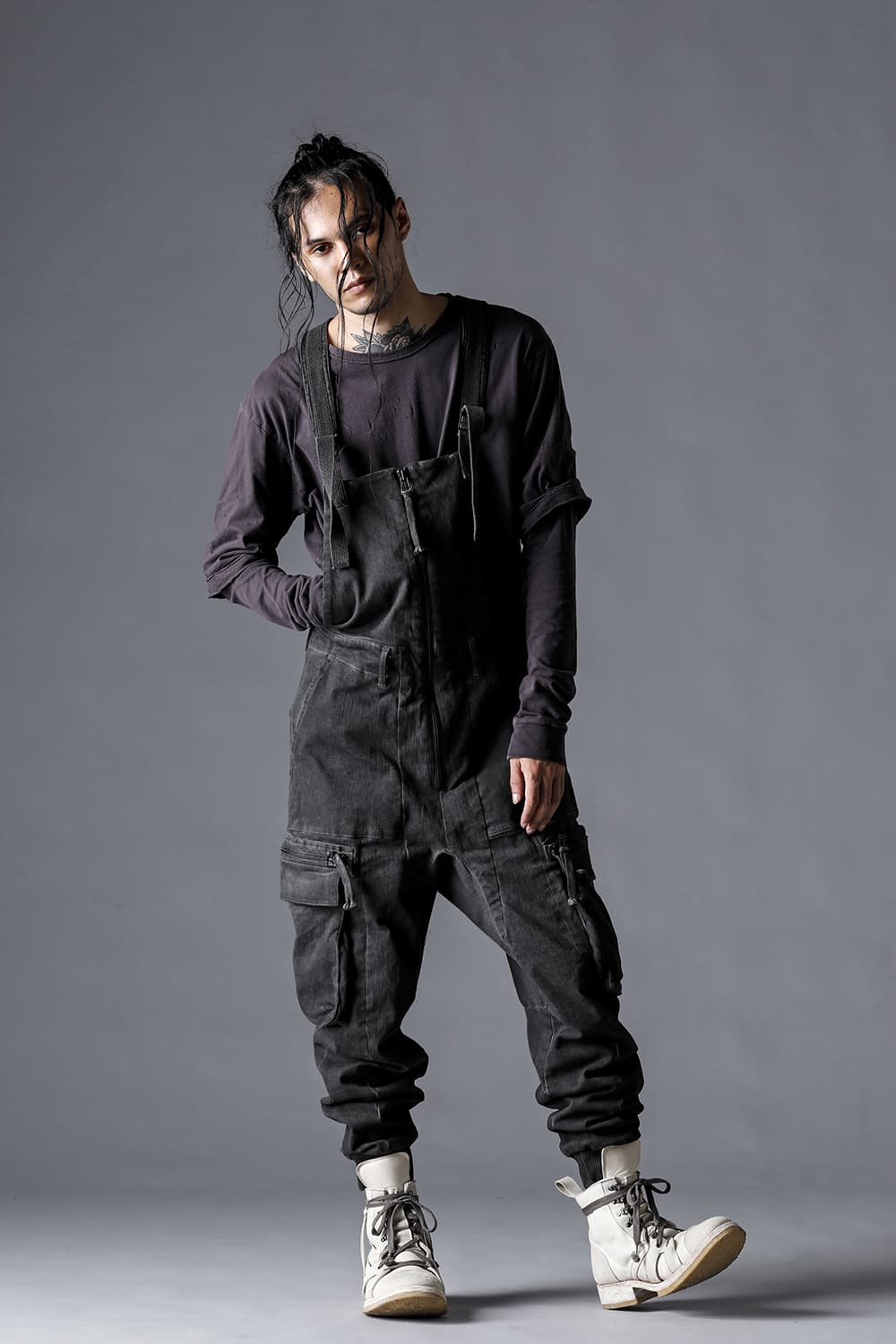 Hyper Stretch Cotton Denim Cargo Overalls  Dusty White