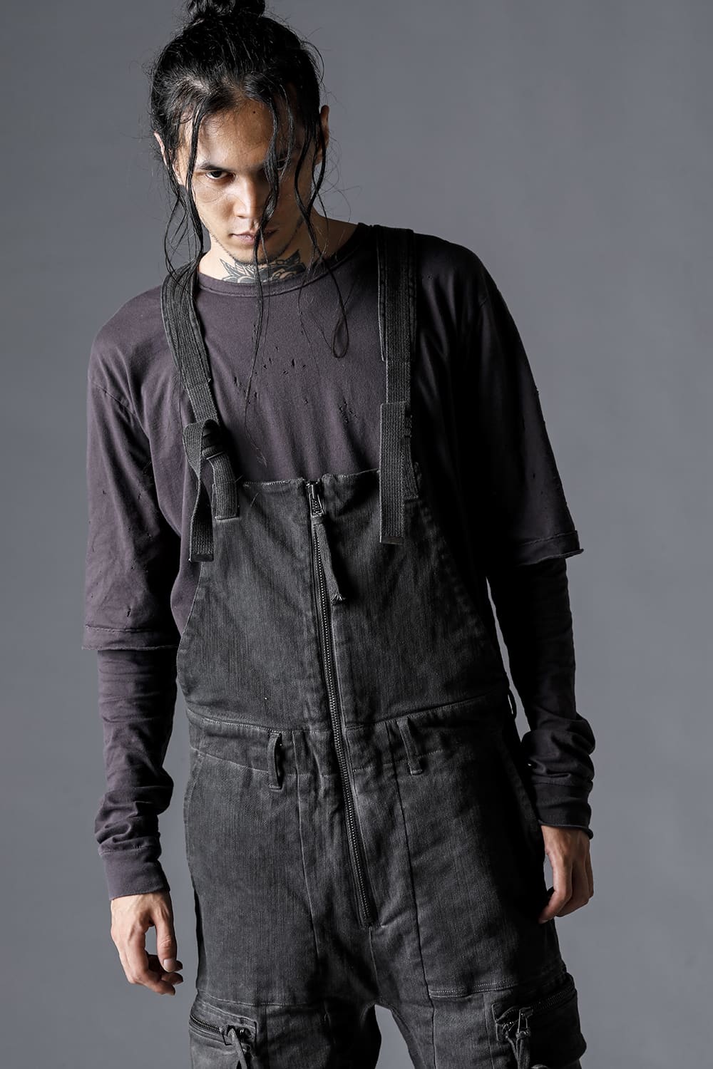 Hyper Stretch Cotton Denim Cargo Overalls  Dusty White