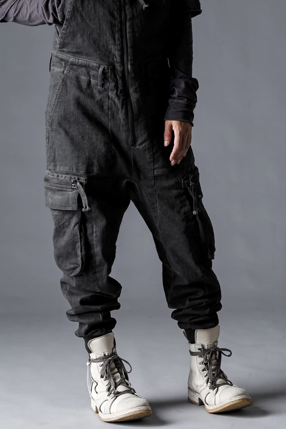 Hyper Stretch Cotton Denim Cargo Overalls  Charcoal