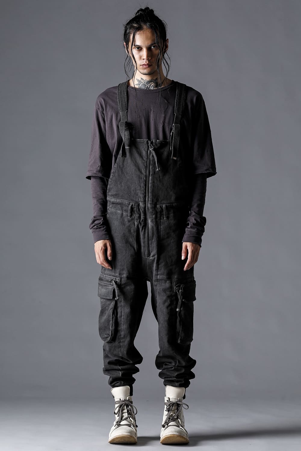 Hyper Stretch Cotton Denim Cargo Overalls  Dusty White