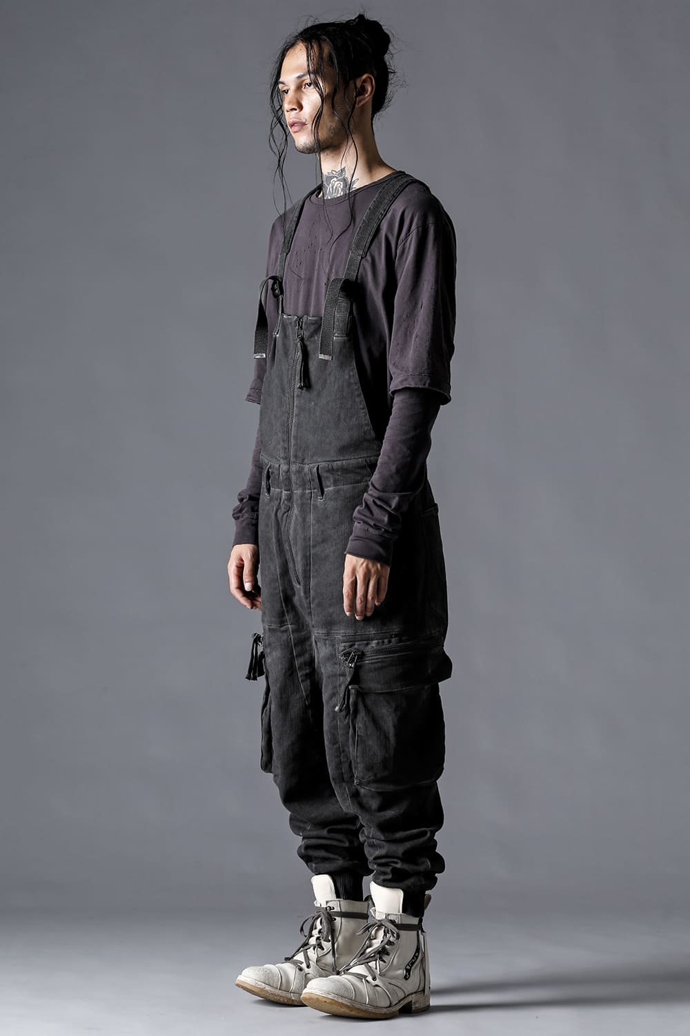 Hyper Stretch Cotton Denim Cargo Overalls  Dusty White