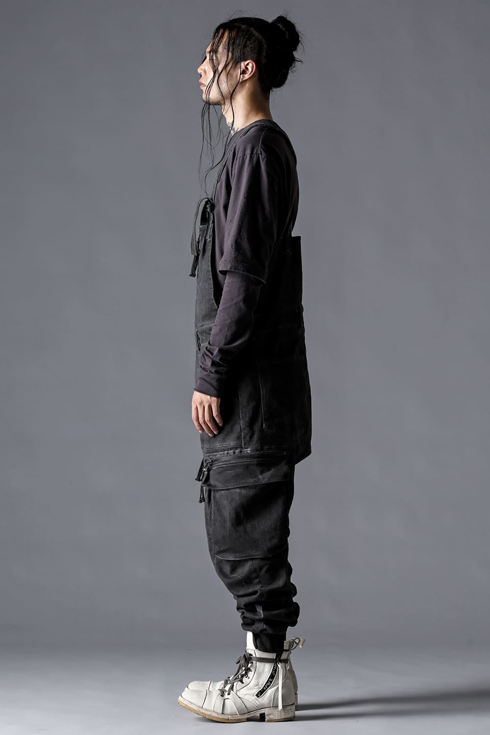 Hyper Stretch Cotton Denim Cargo Overalls  Dusty White