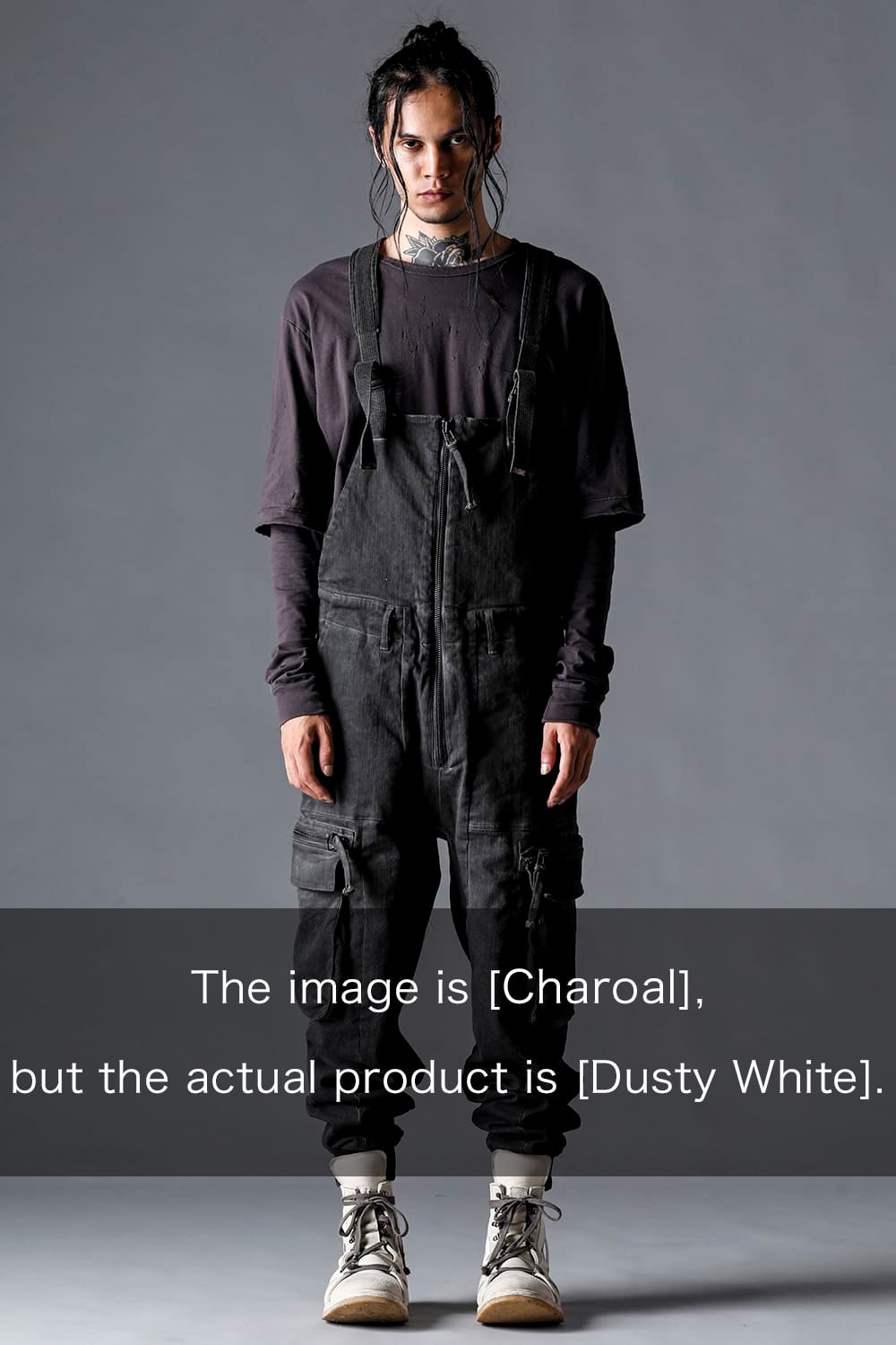Hyper Stretch Cotton Denim Cargo Overalls  Dusty White