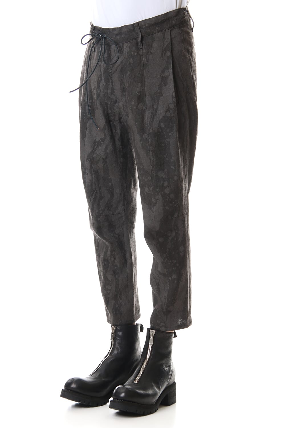 Ink Frow Dyed Linen Tuck Tapered Cropped Pants