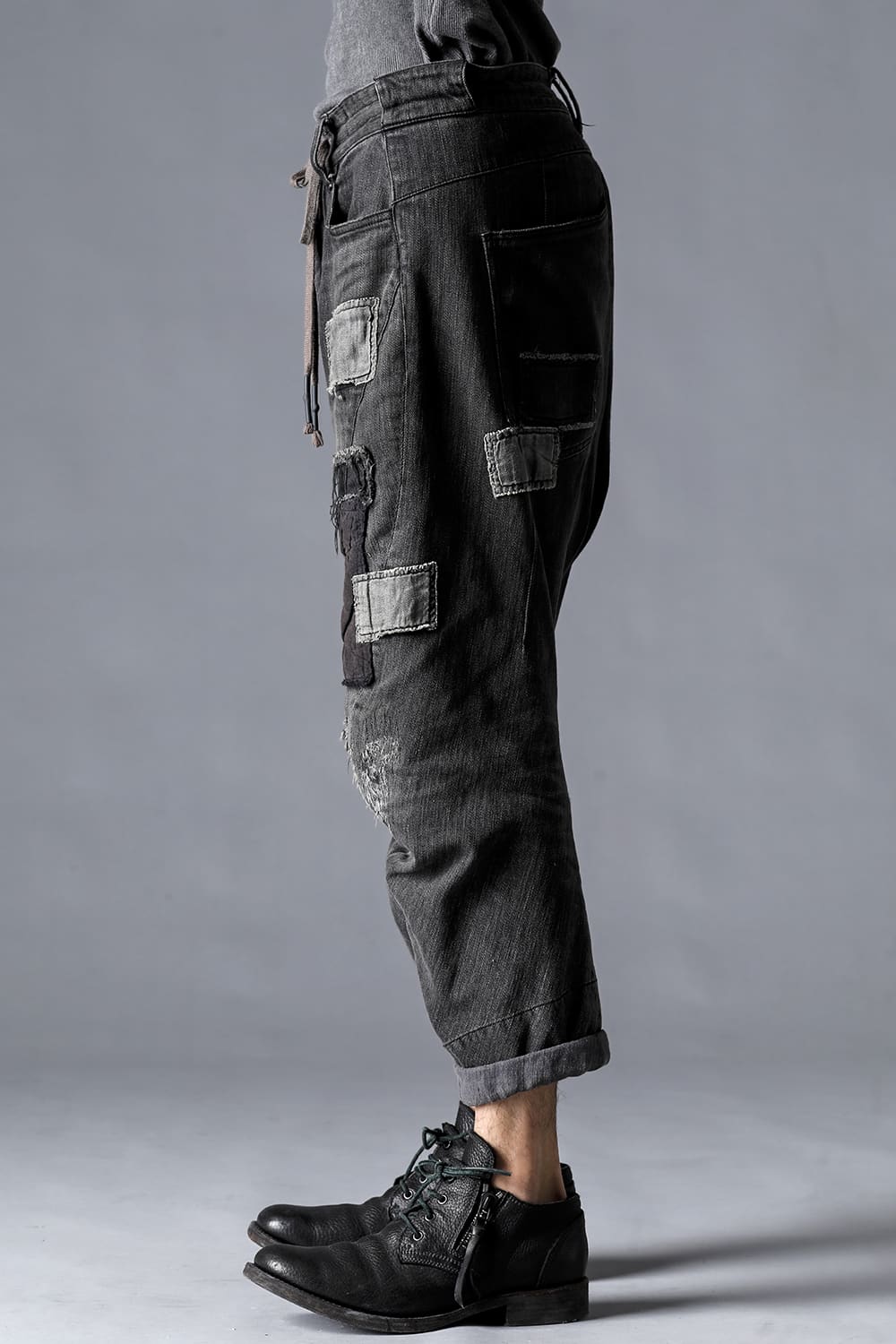 Damage Repair Curved Tapered Drop Crotch Denim Pants