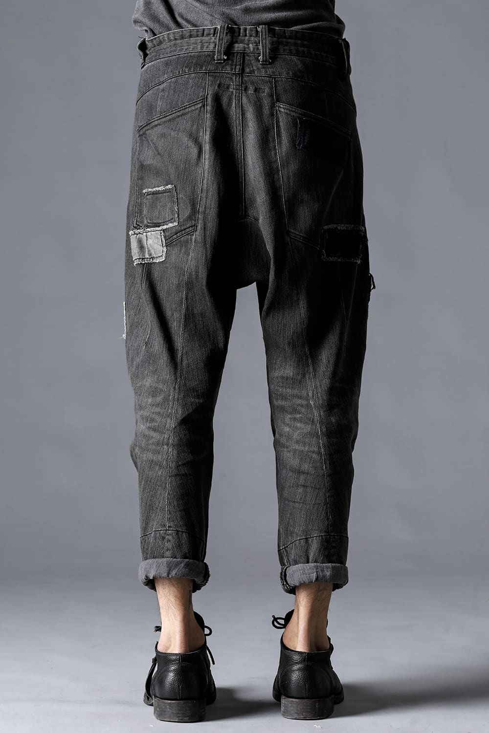 Damage Repair Curved Tapered Drop Crotch Denim Pants