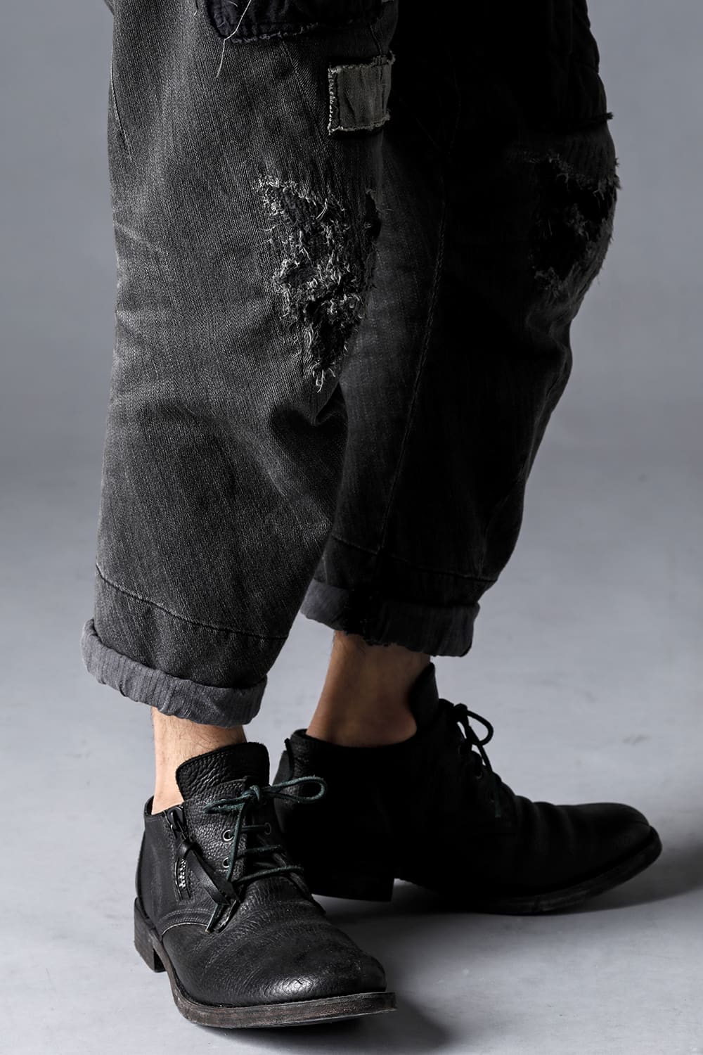 Damage Repair Curved Tapered Drop Crotch Denim Pants