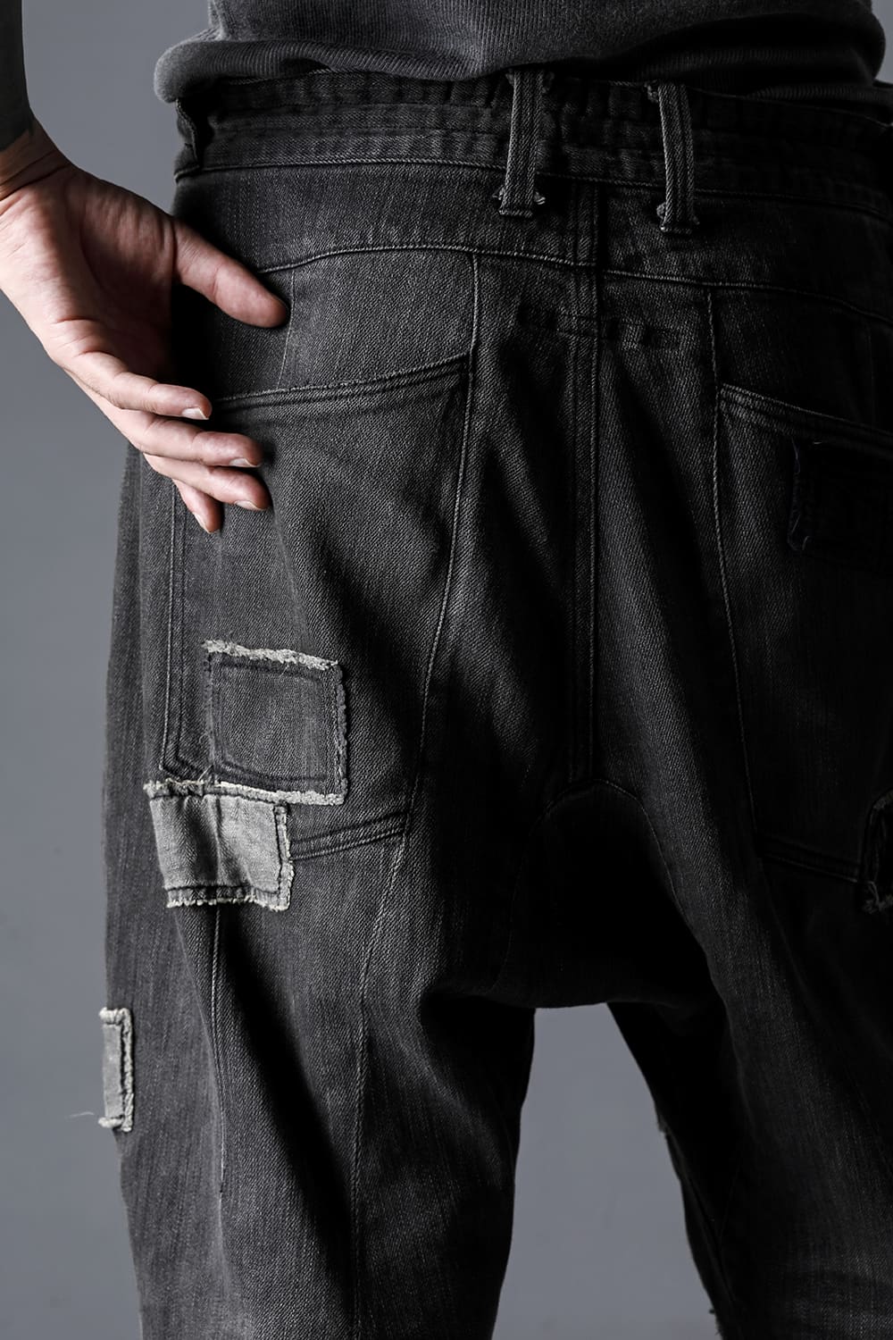 Damage Repair Curved Tapered Drop Crotch Denim Pants
