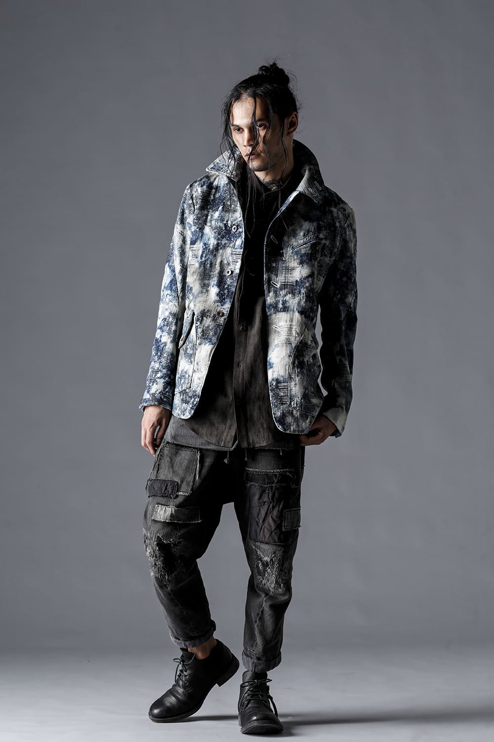 Damage Repair Curved Tapered Drop Crotch Denim Pants