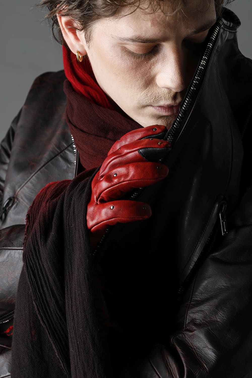 Horse Leather Nail ZIP Gloves Red