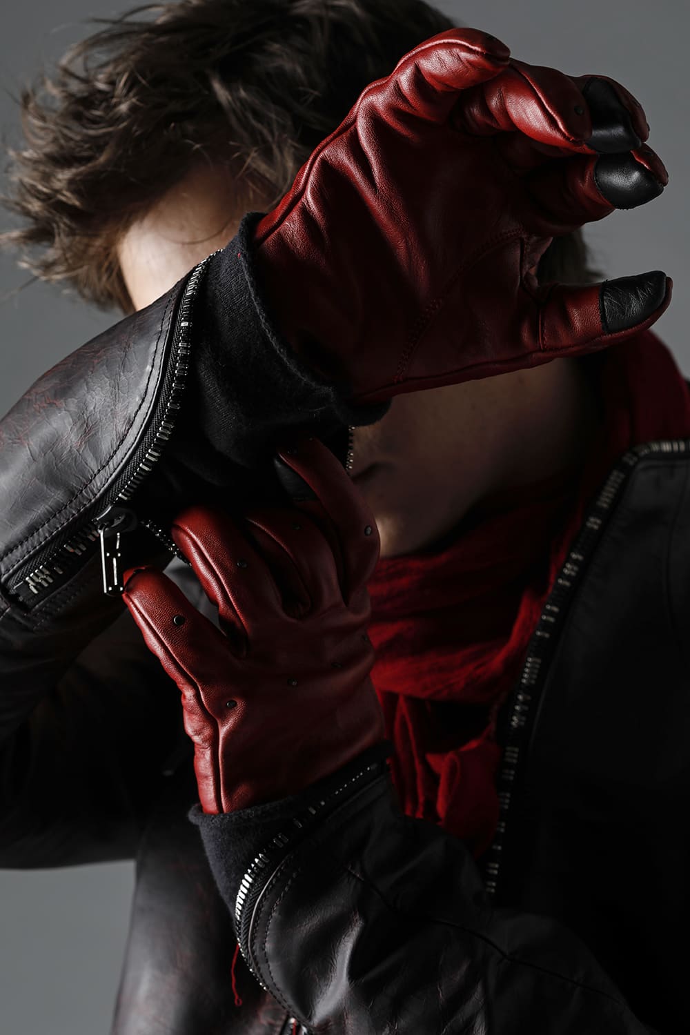 Horse Leather Nail ZIP Gloves Red