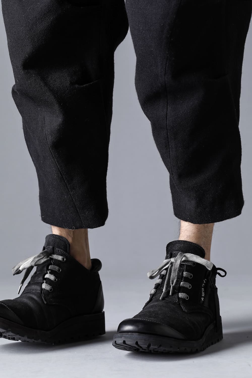 Horse Leather Flat Sole Sneakers Derby Shoes  Black