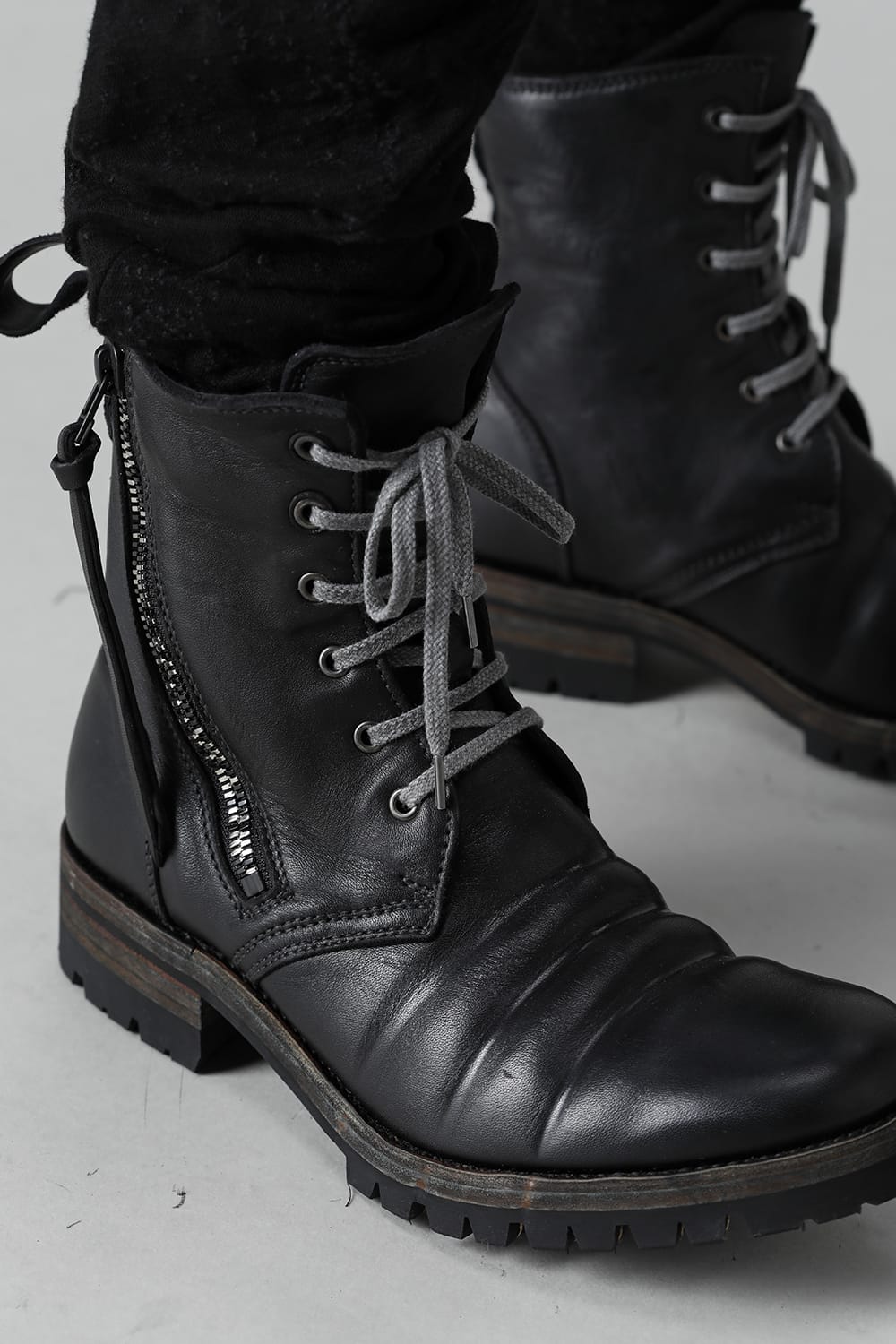 Horse Leather Lace-Up Combat Boots Black