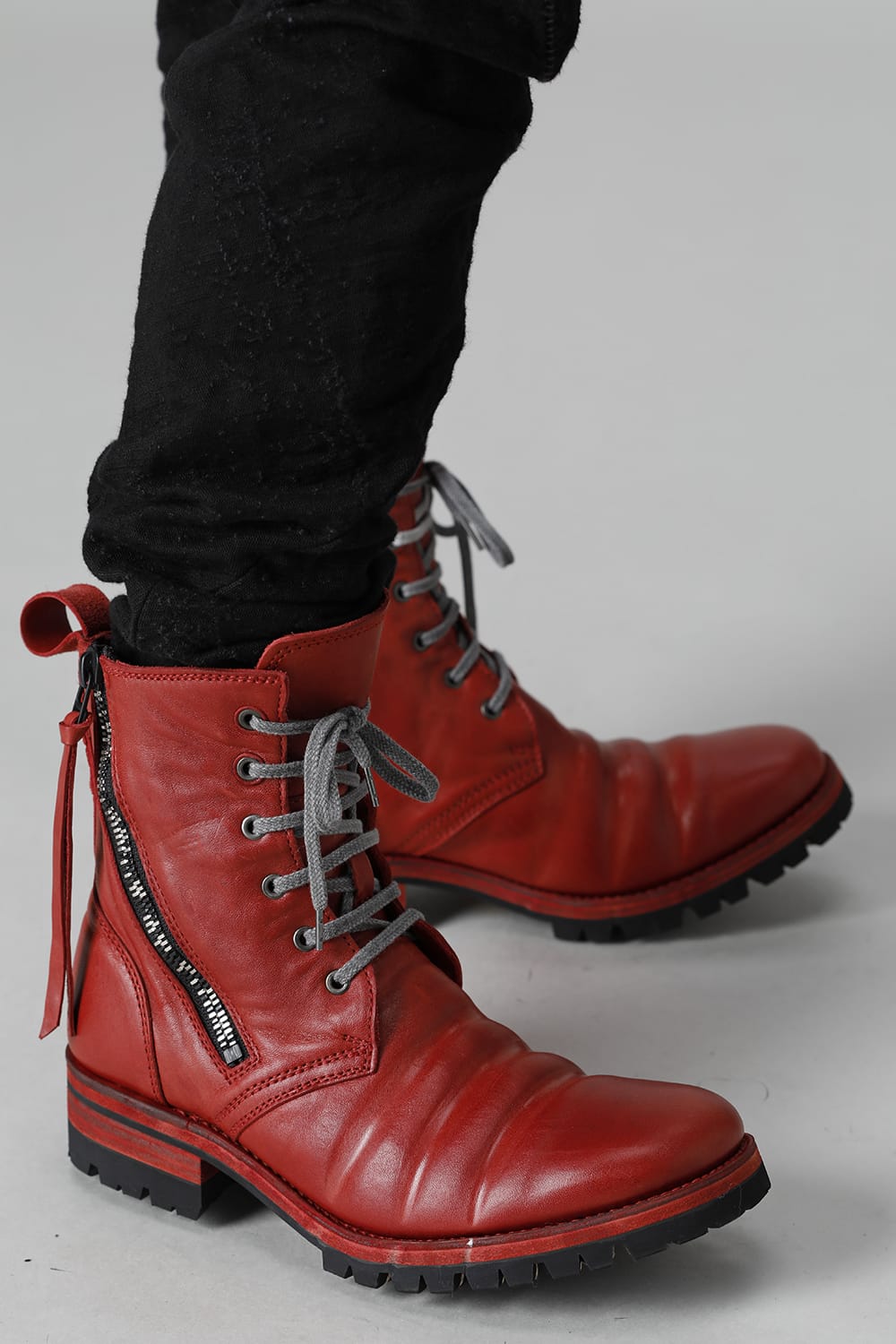 Horse Leather Lace-Up Combat Boots Red