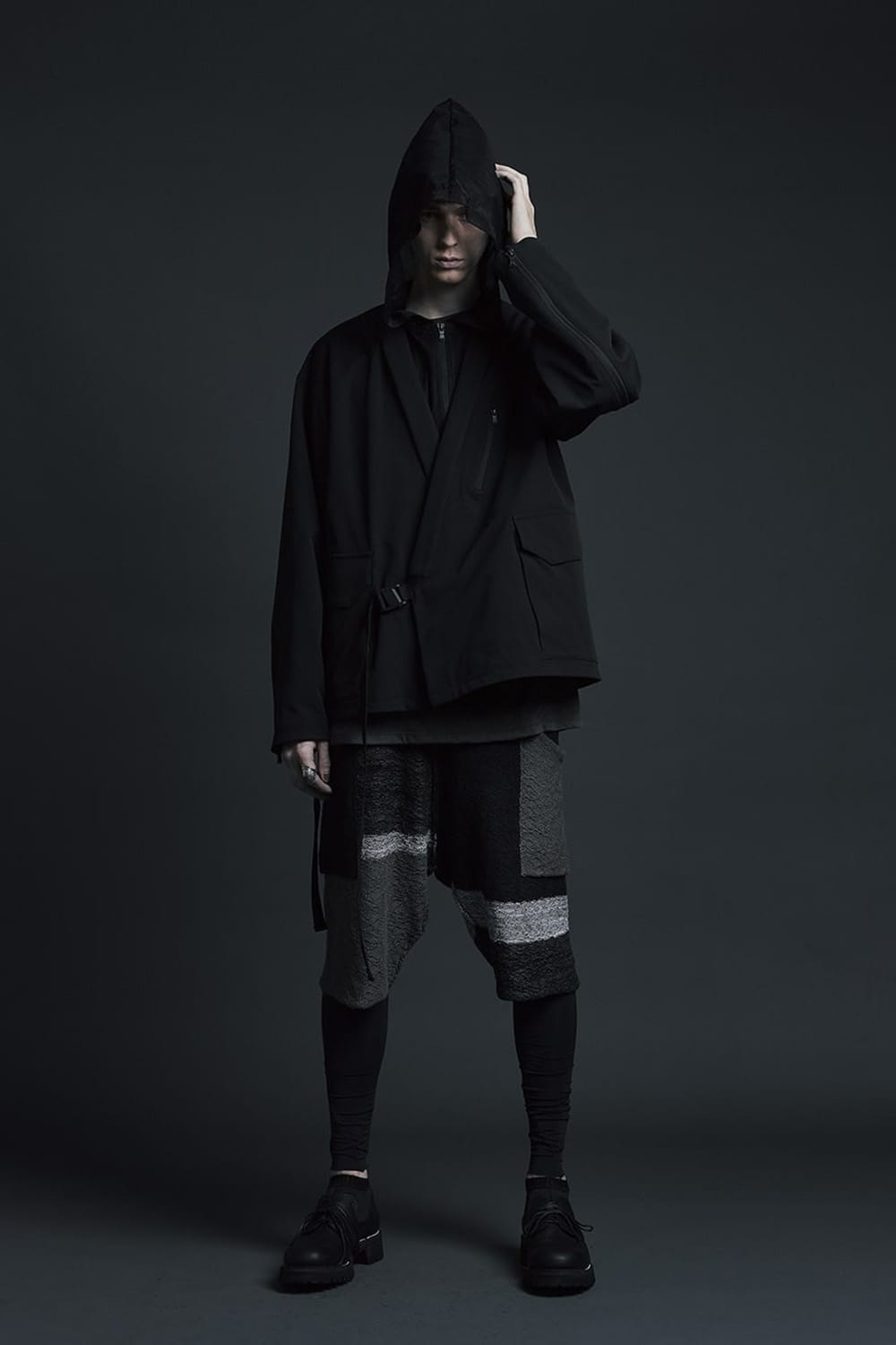 See throug Back print Hooded blouson Black