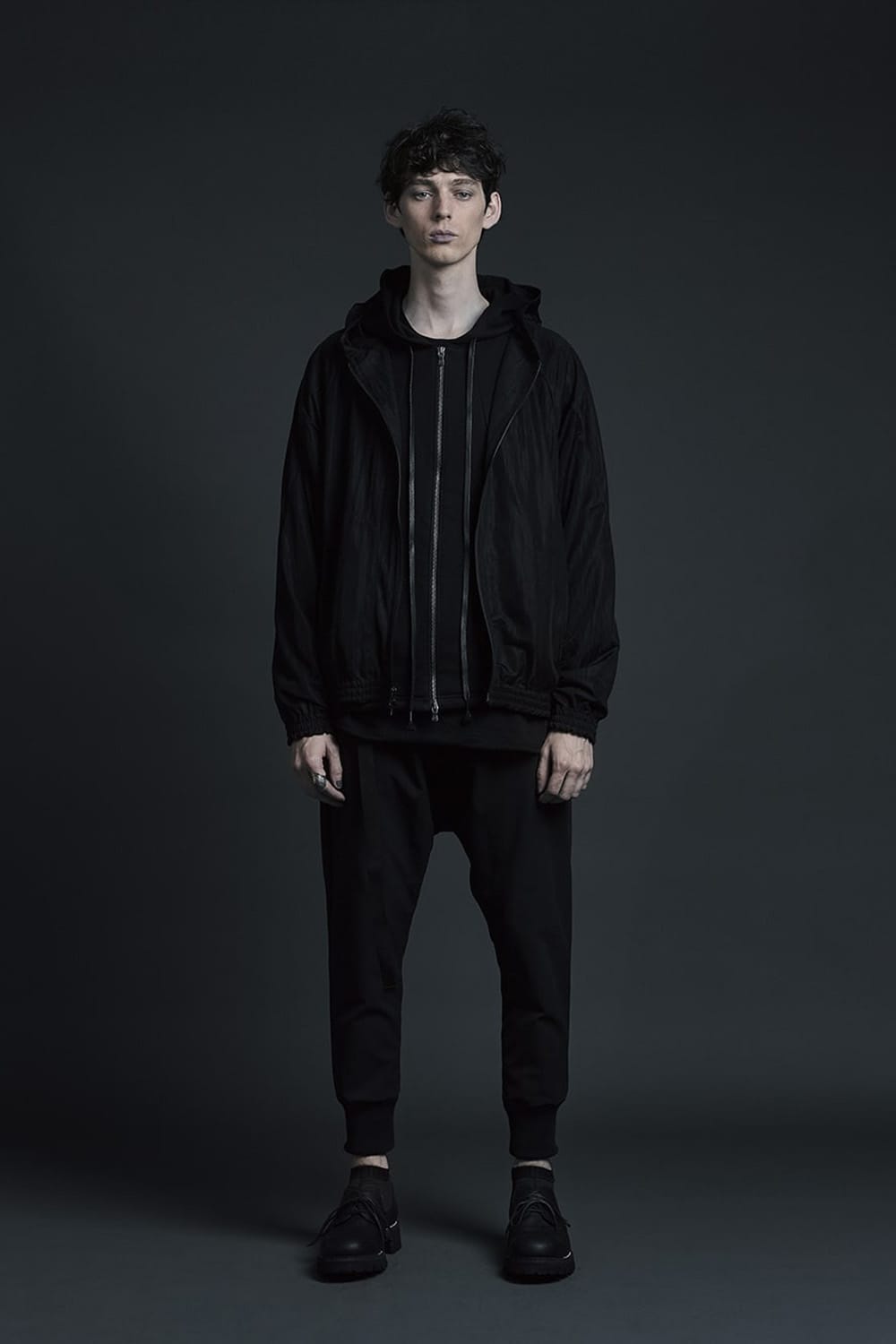 See throug Back print Hooded blouson Black