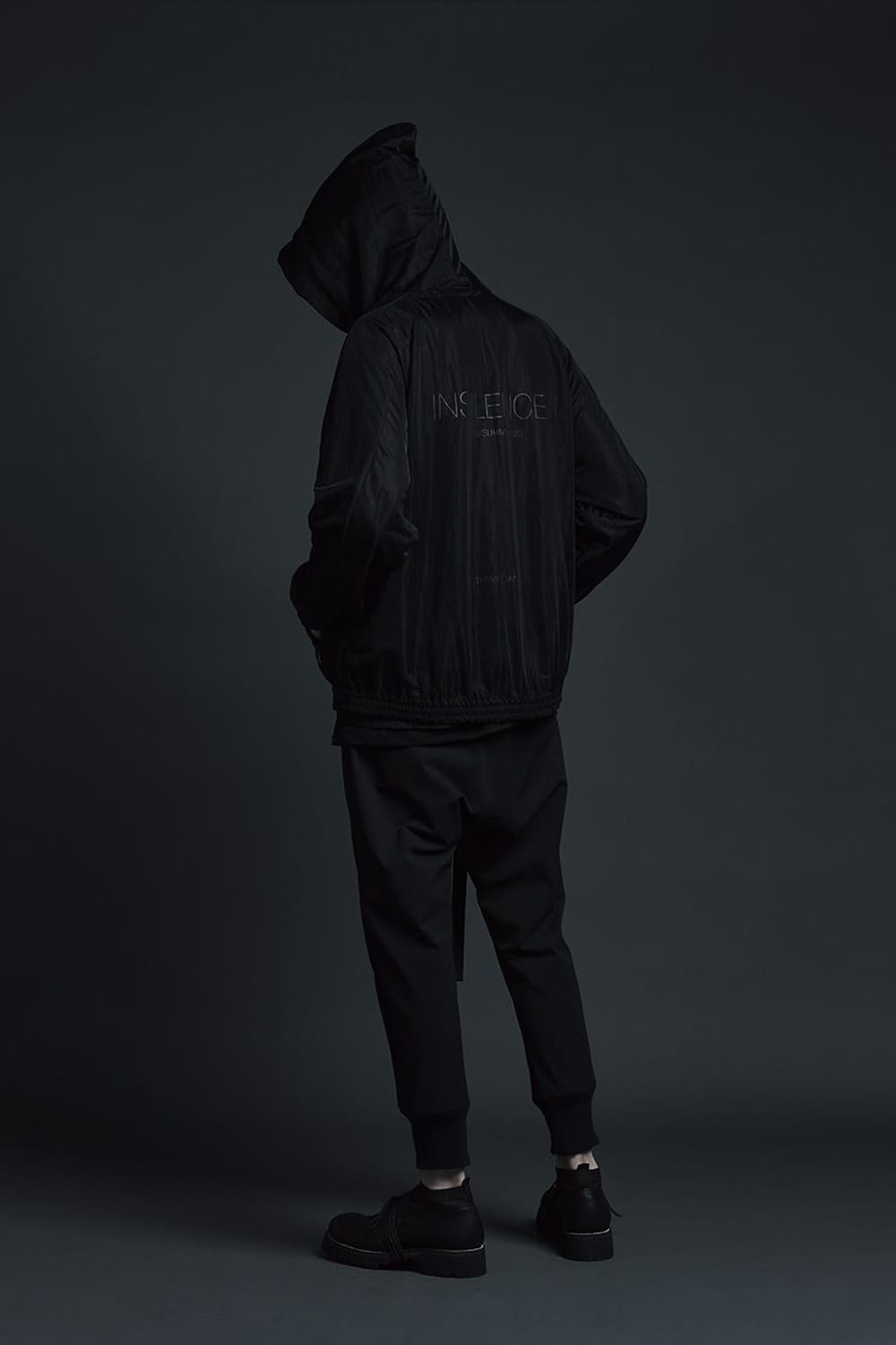 See throug Back print Hooded blouson Black