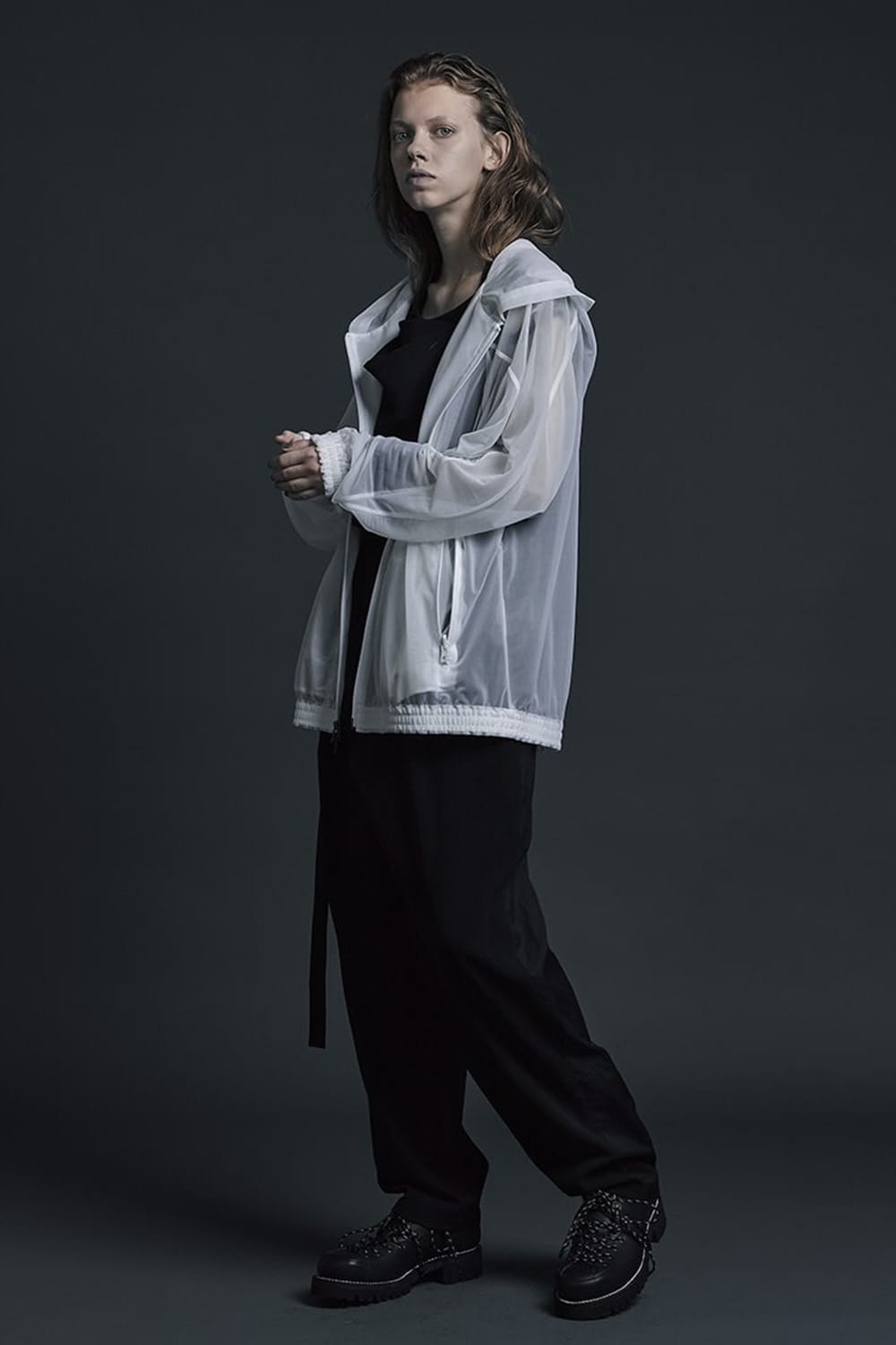 See throug Back print Hooded blouson White