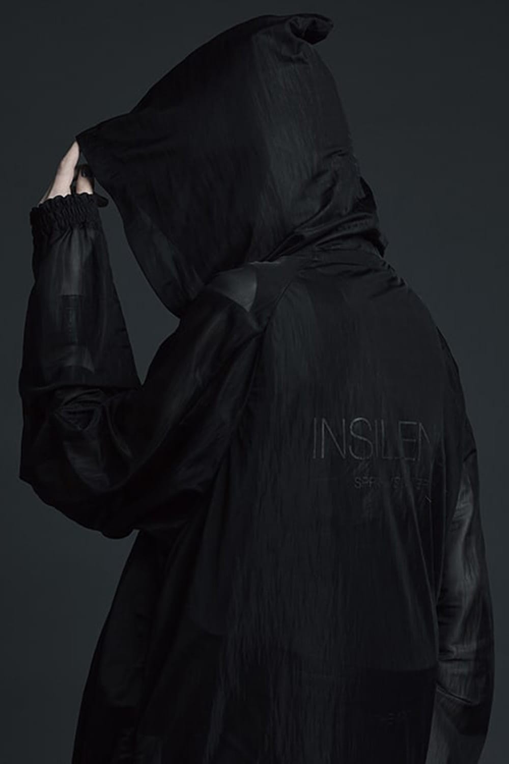 See throug Back print Hooded blouson Black