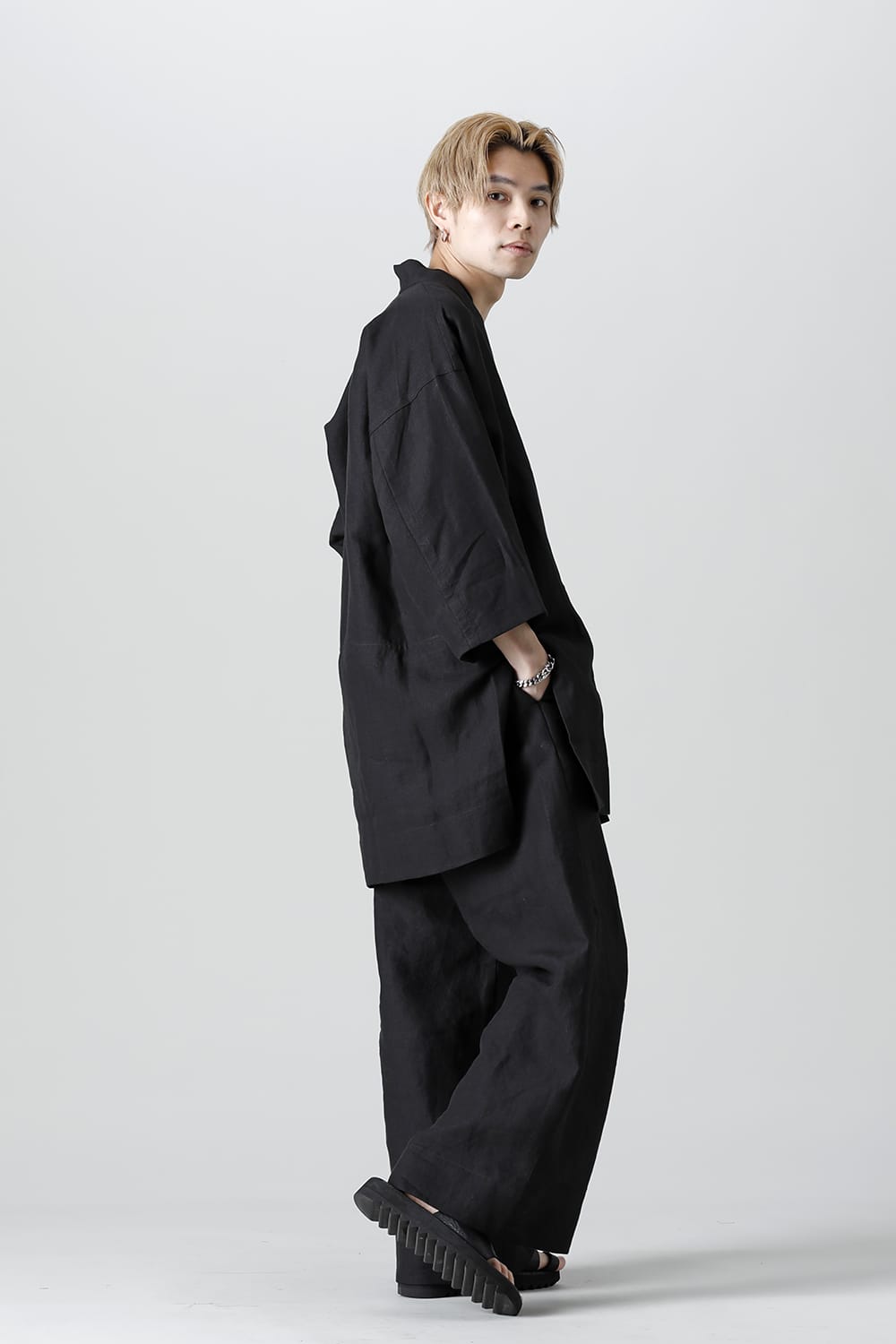 TROUSERS#69  BLACK LINEN/PAPER CLOTH