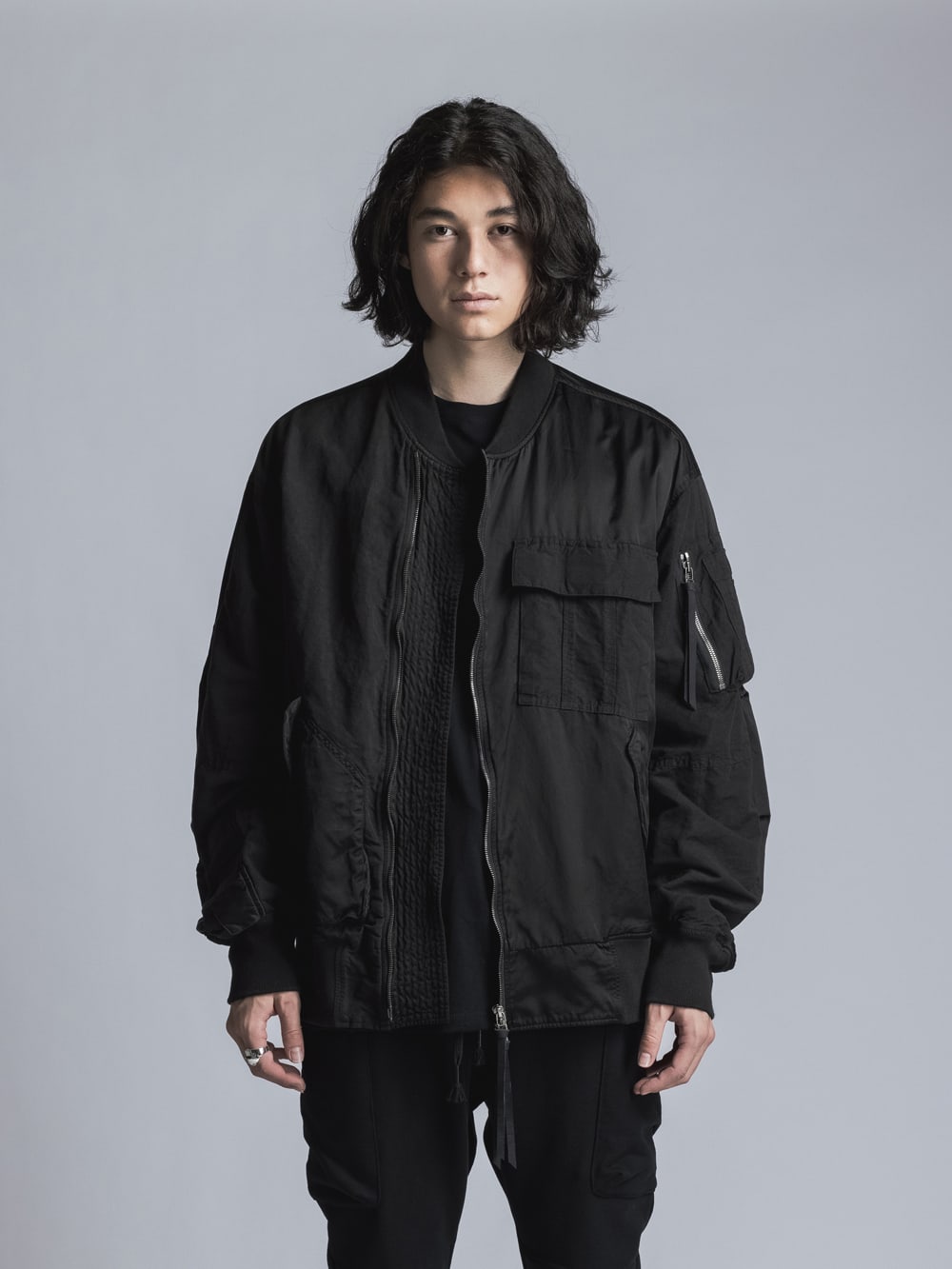 Cotton Rayon / Satin Bomber Jacket  Black