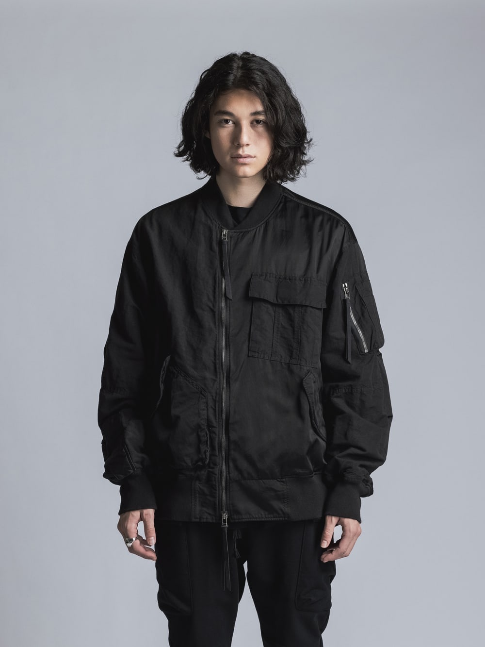 Cotton Rayon / Satin Bomber Jacket  Black