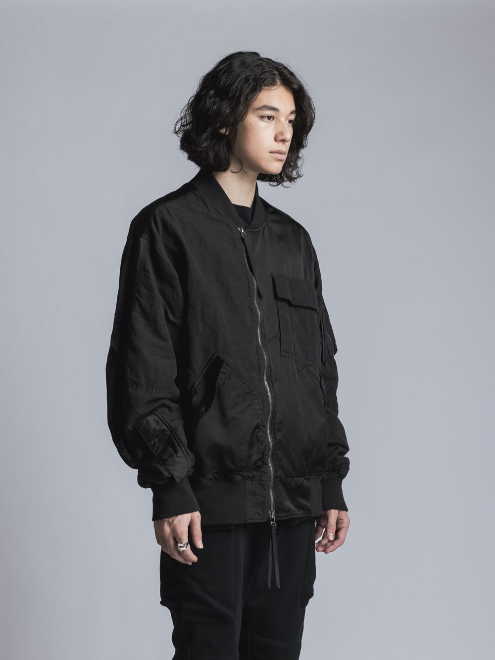 Cotton Rayon / Satin Bomber Jacket  Black