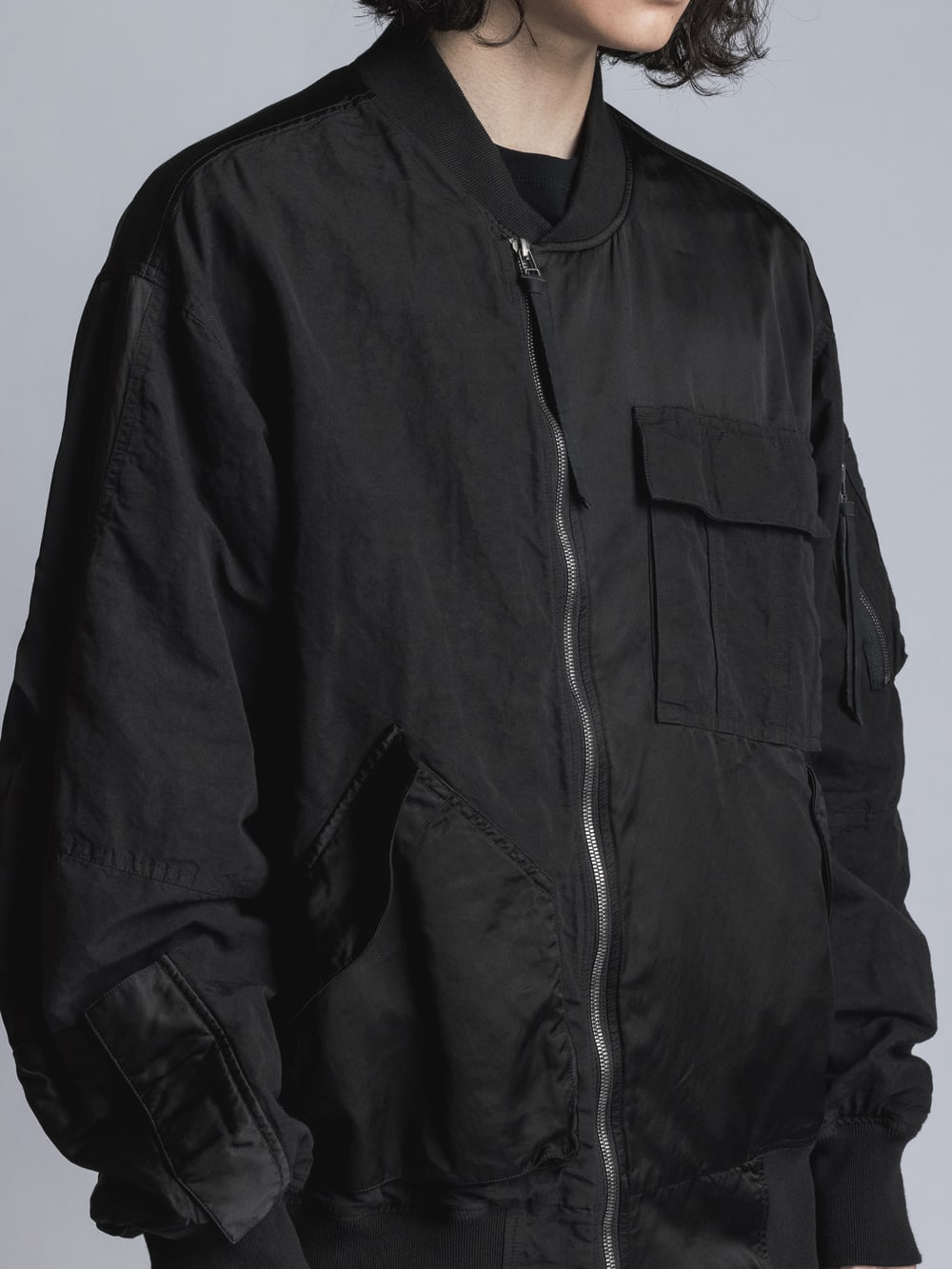 Cotton Rayon / Satin Bomber Jacket  Black