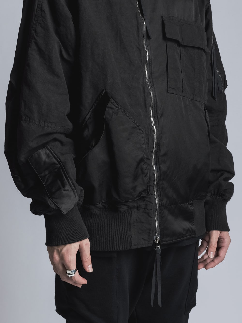 Cotton Rayon / Satin Bomber Jacket  Black