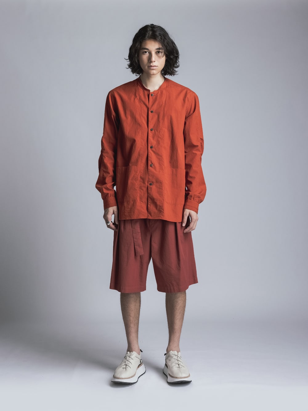 Typewriter Band Collar Shirt  Brick Red