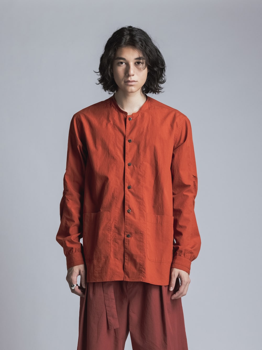 Typewriter Band Collar Shirt  Brick Red