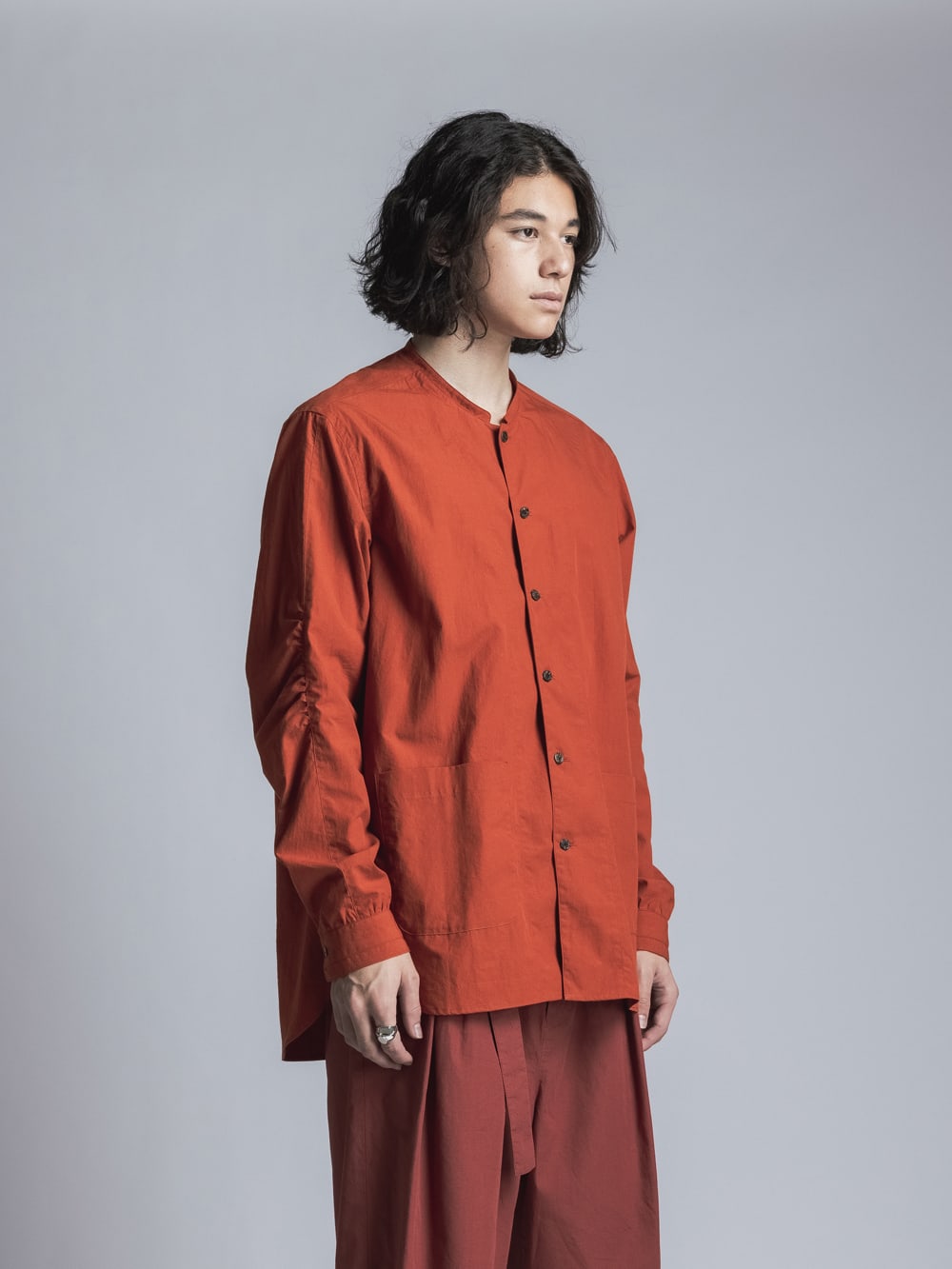 Typewriter Band Collar Shirt  Brick Red