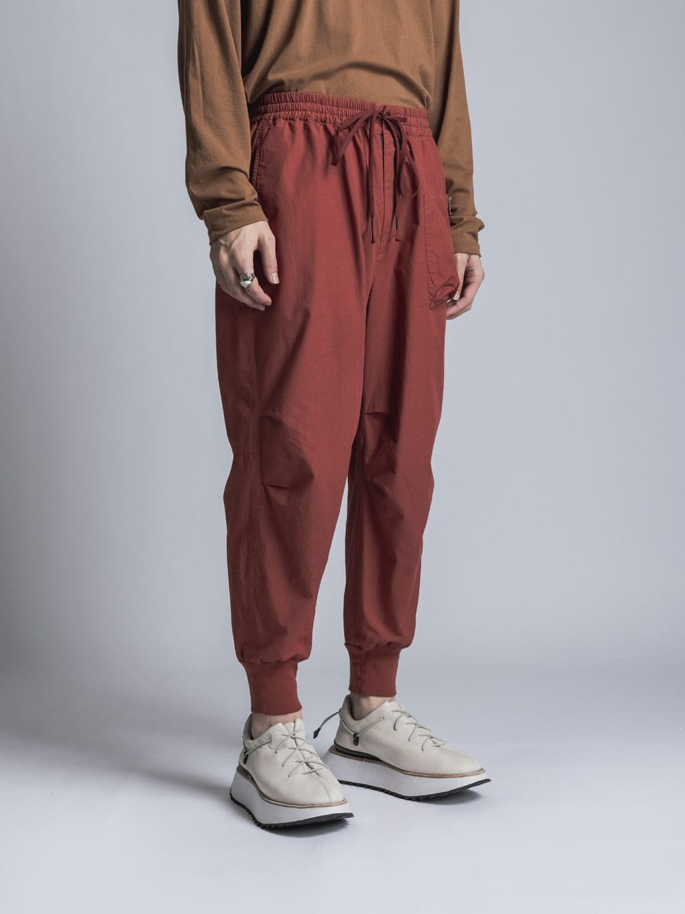 Cotton Linen Garment-Dyed Rib Pants Brick Red