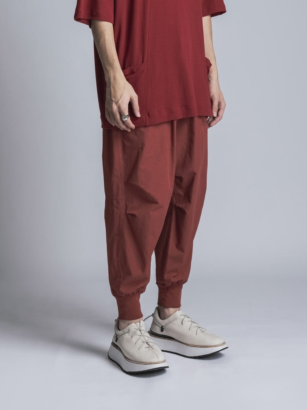 Cotton Linen Garment-Dyed Rib Pants Brick Red