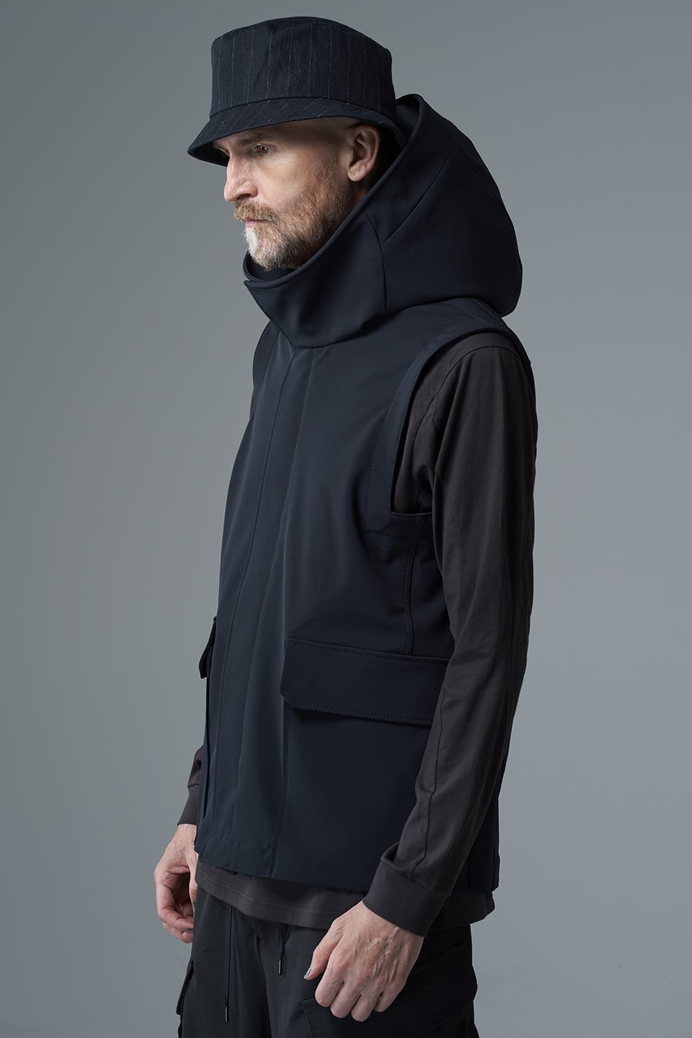 Sleeveless hooded jacket merino wool jersey bonding