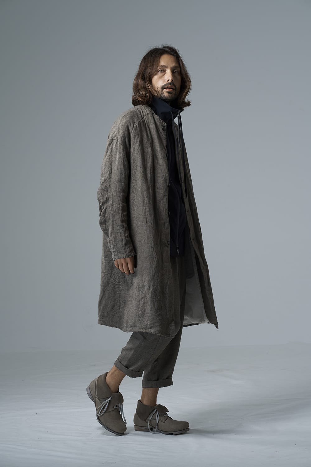 Dropcroch cropped pants silk linen crazy check  Beige Gray