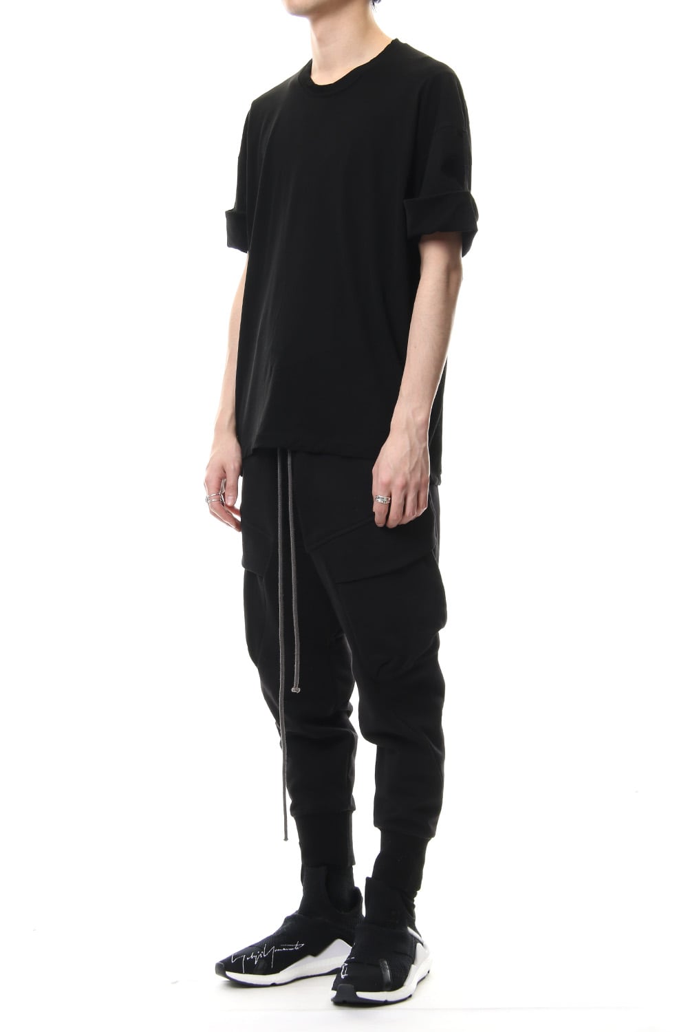 Hard twist jersey stitch roll up sleeve t-shirt Black