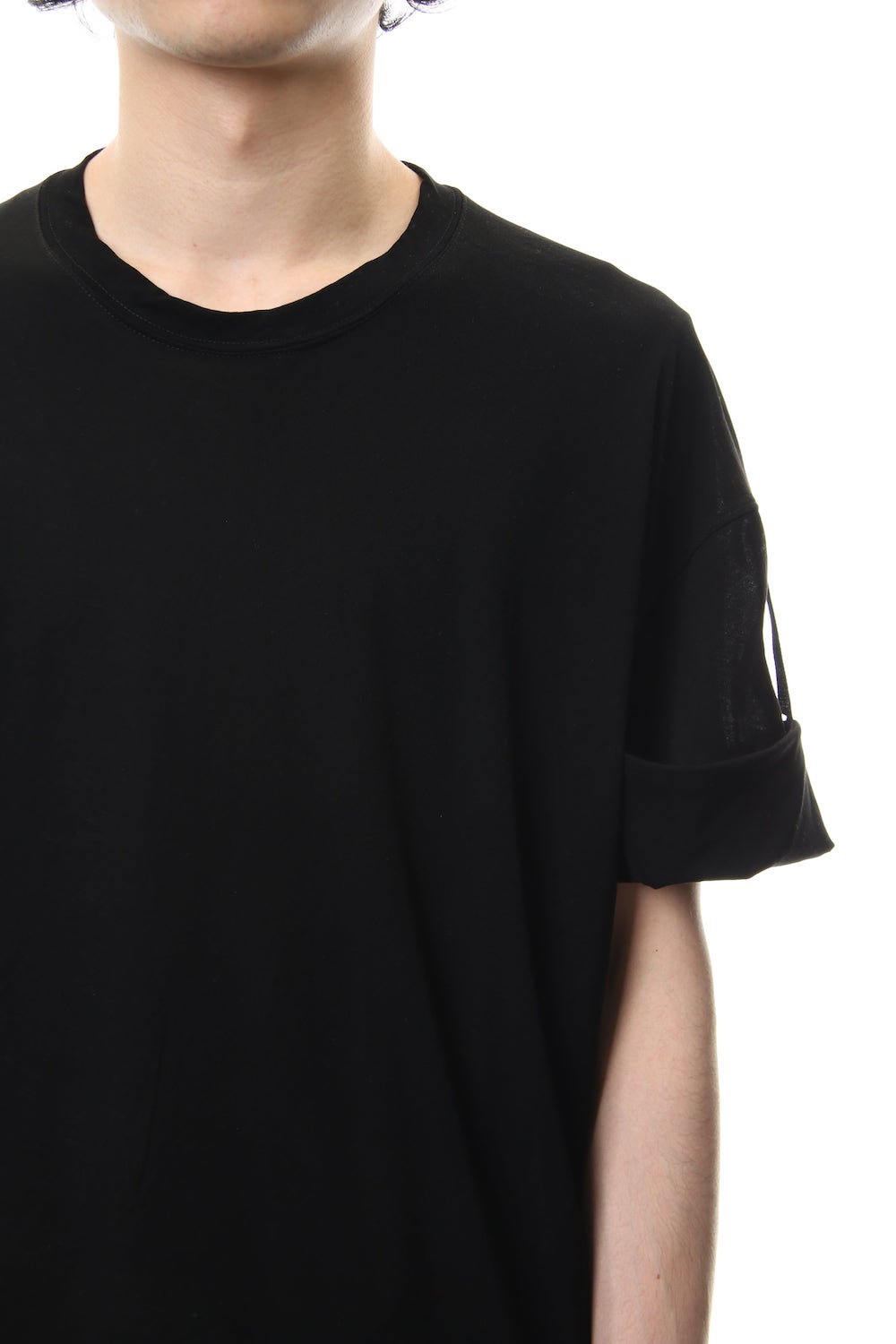 Hard twist jersey stitch roll up sleeve t-shirt Black
