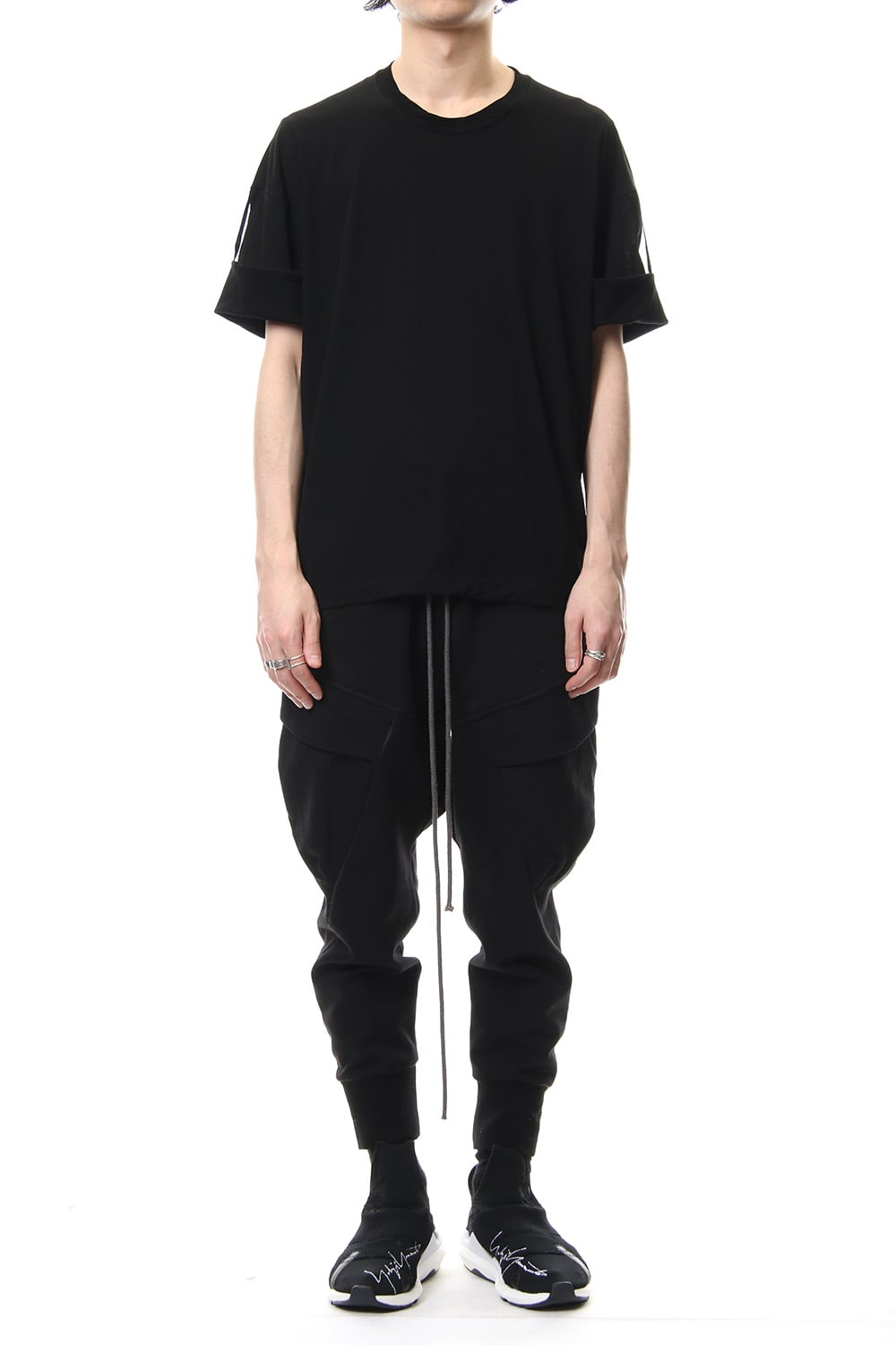 Hard twist jersey stitch roll up sleeve t-shirt Black