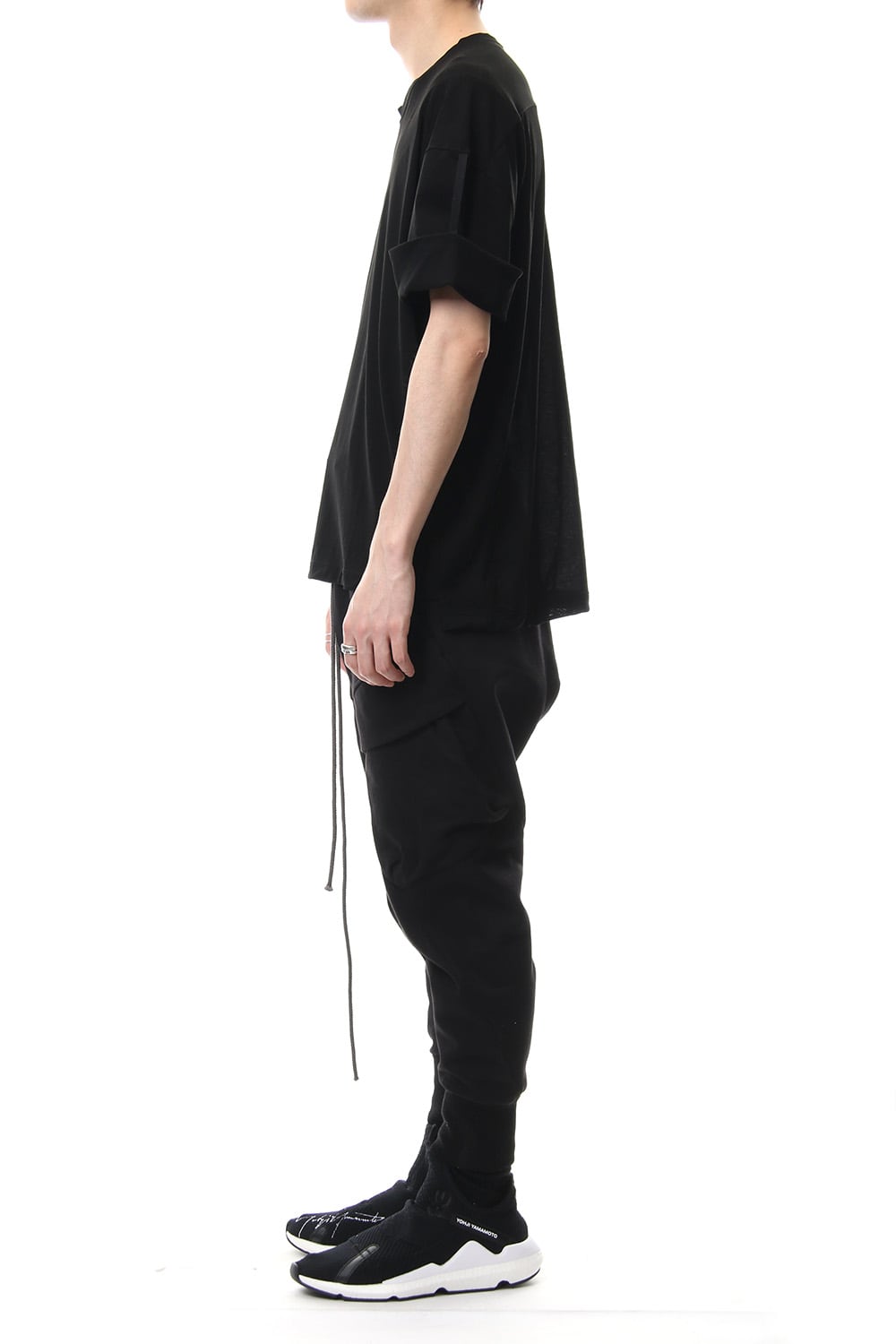 Hard twist jersey stitch roll up sleeve t-shirt Black