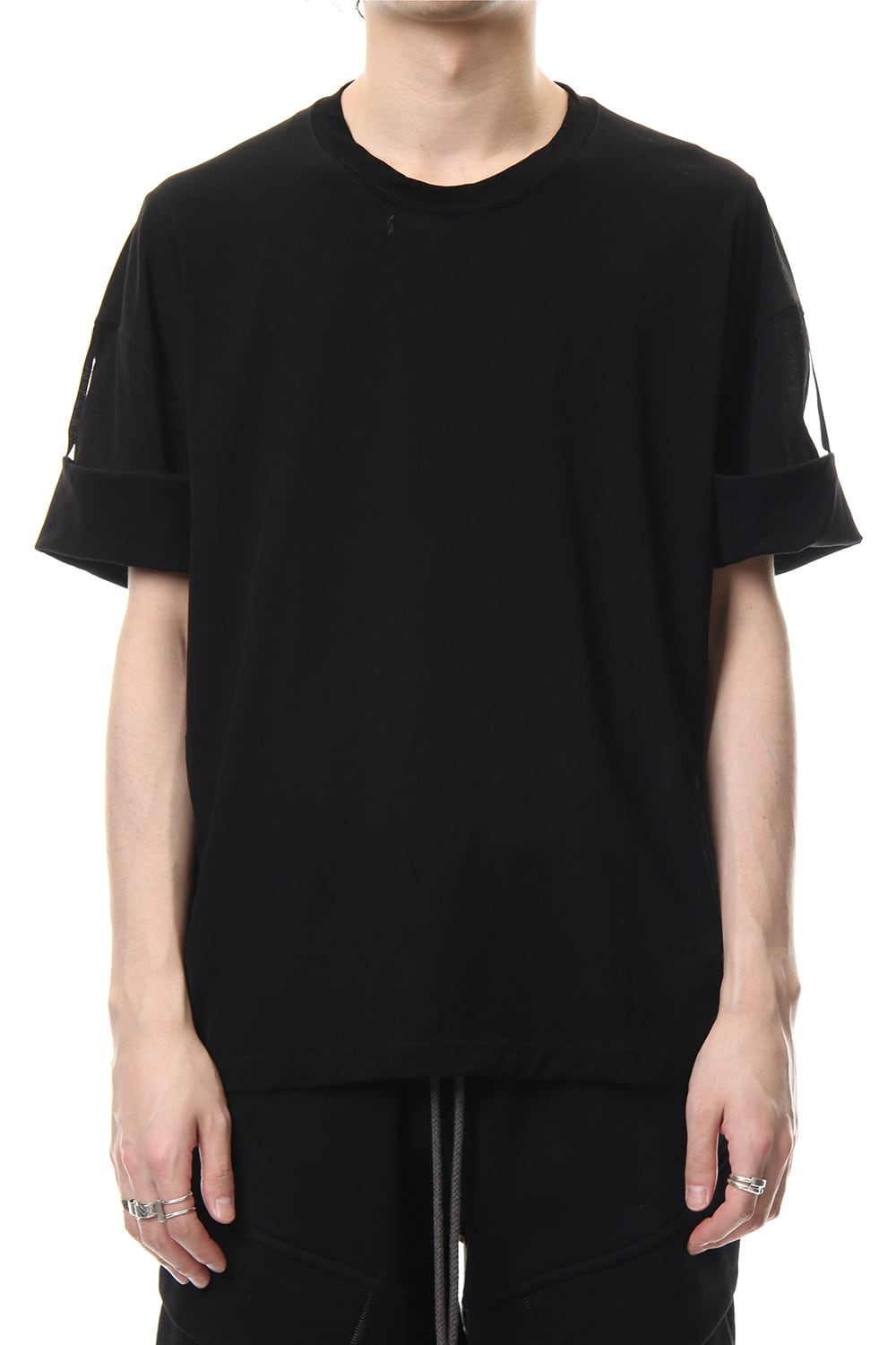 Hard twist jersey stitch roll up sleeve t-shirt Black