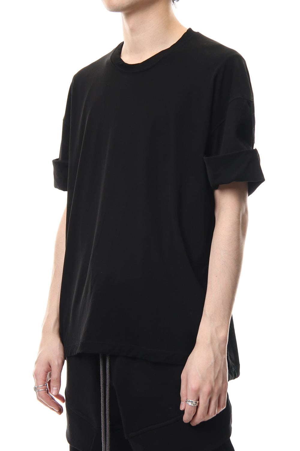 Hard twist jersey stitch roll up sleeve t-shirt Black