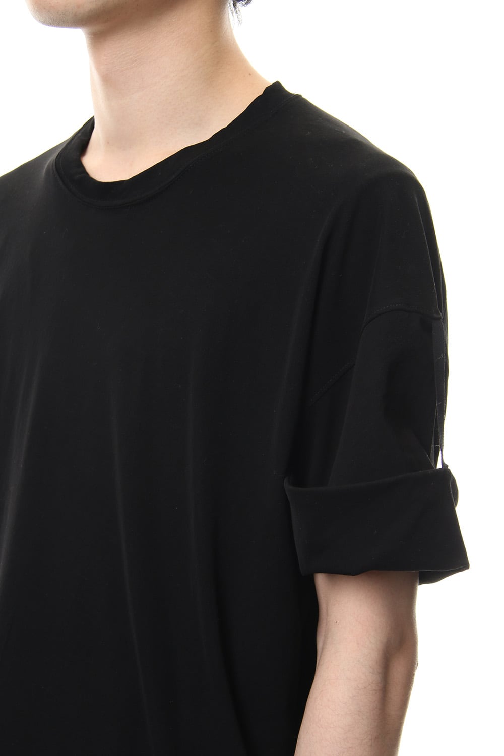Hard twist jersey stitch roll up sleeve t-shirt Black