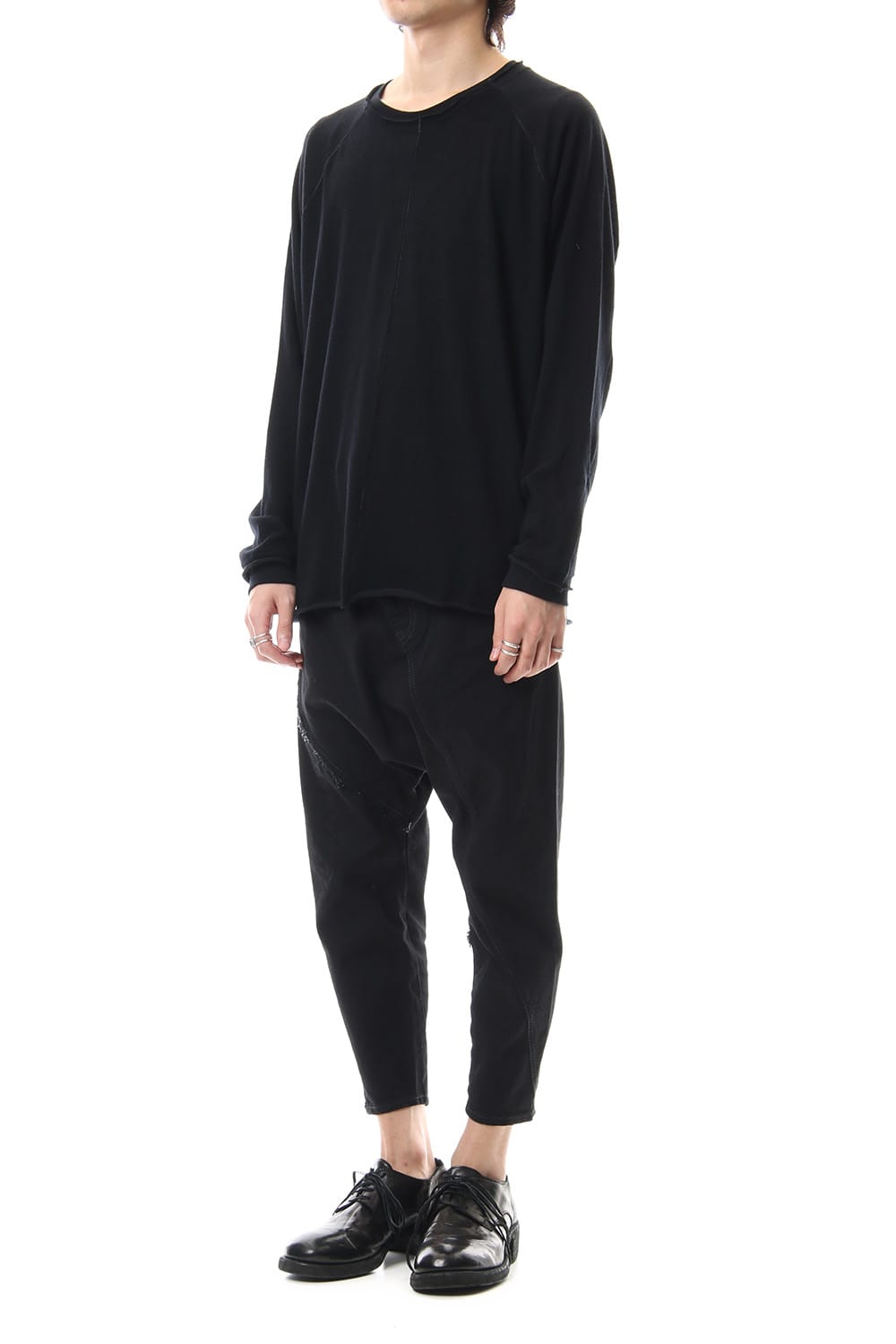 Cotton Wool Plain Stitch long Sleeve T-Shirts - Black