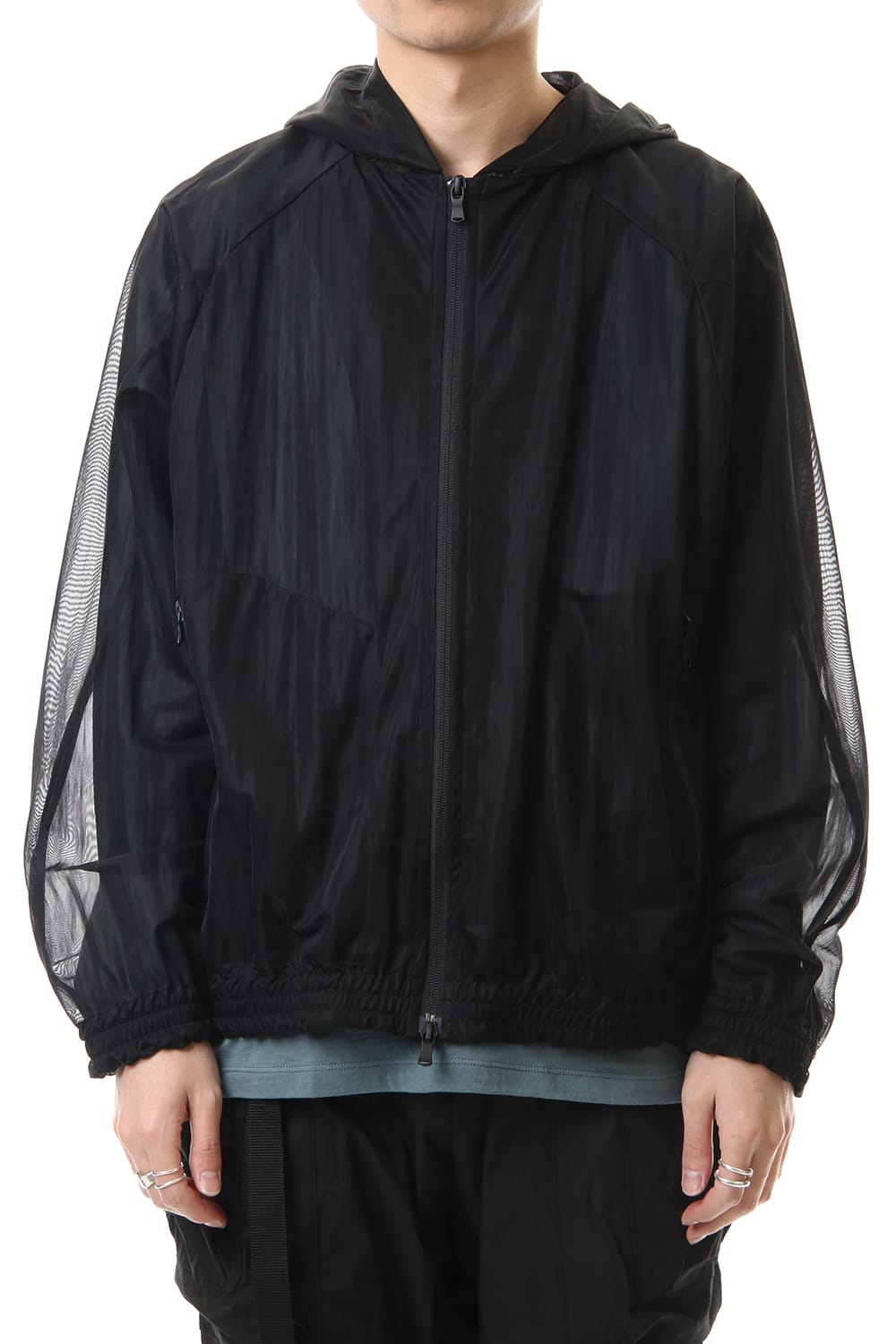 See throug Back print Hooded blouson Black