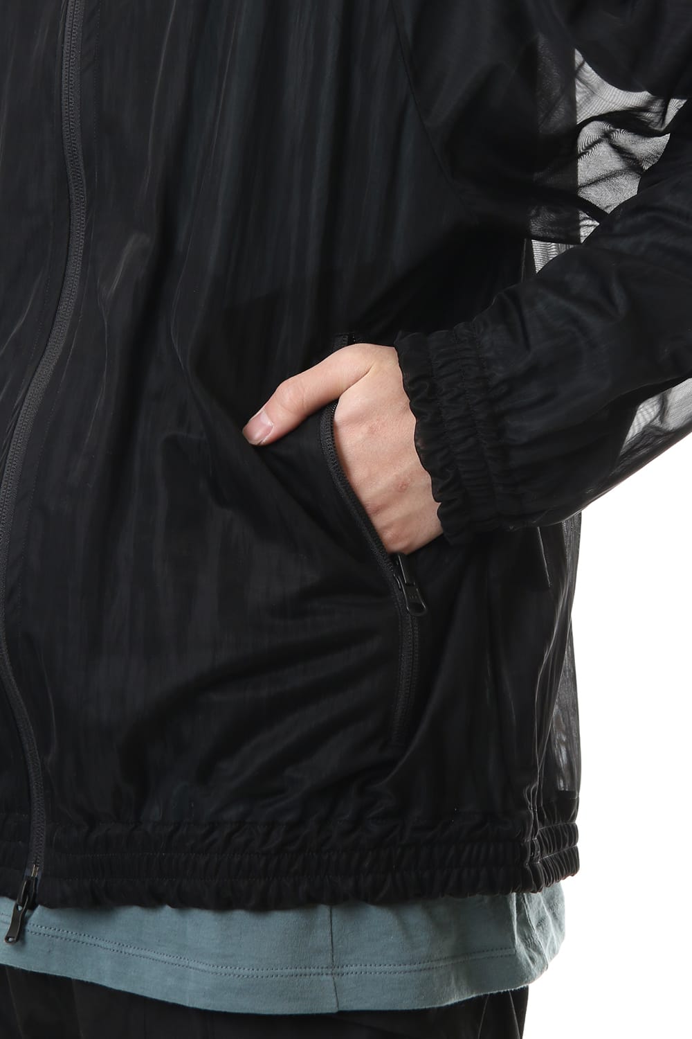 See throug Back print Hooded blouson Black