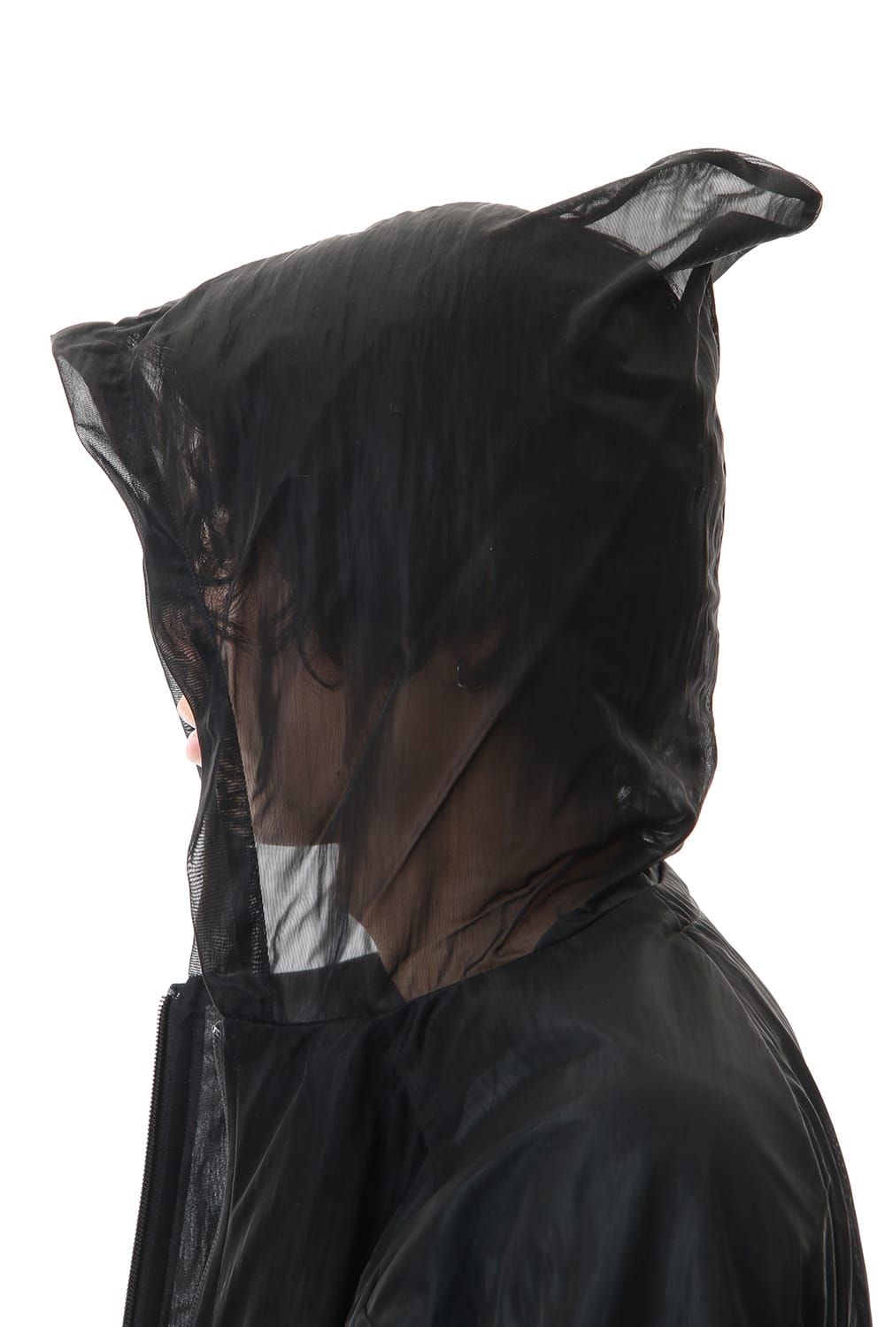 See throug Back print Hooded blouson Black